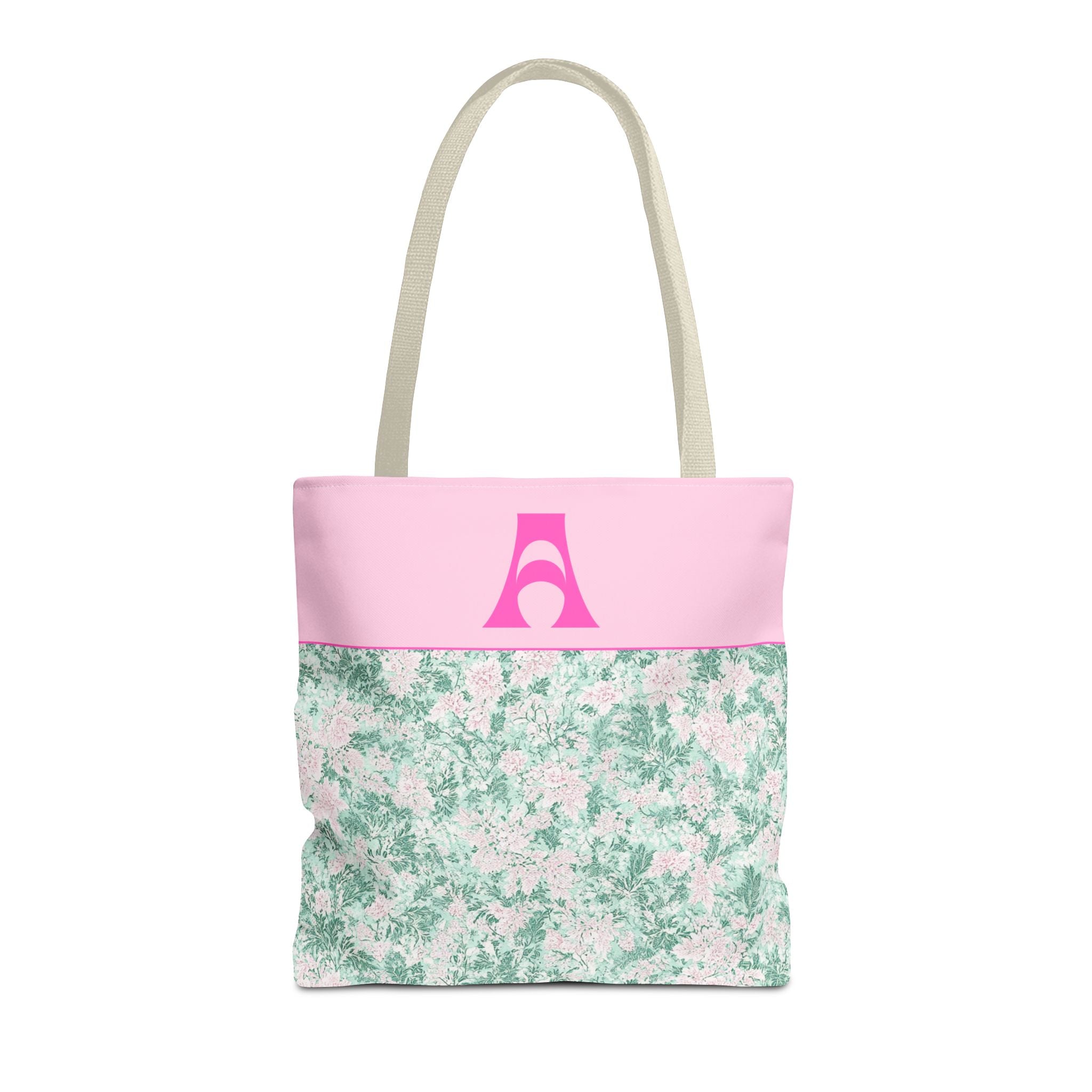 Floral Vintage Aesthetic Tote Bag with Initial for Sister or Bachelorette Party, Cute Mint and Pink Bag for Trip to Beach, Bag for Dance: A - Opal and June