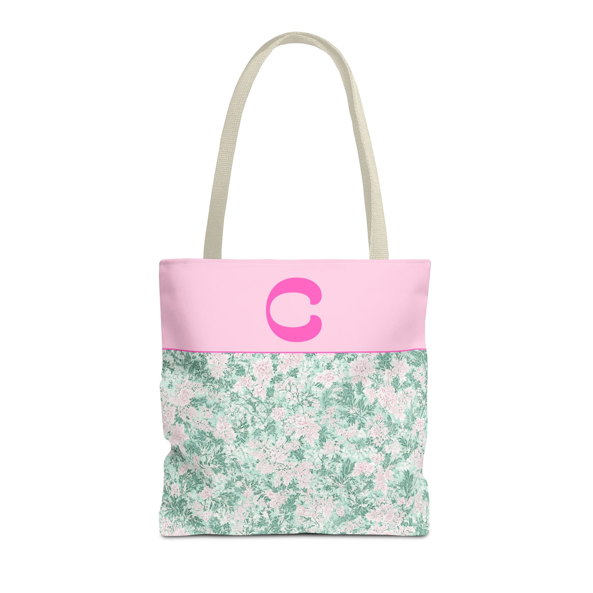 Floral Vintage Aesthetic Tote Bag with Initial for Sister or Bachelorette Party, Cute Mint and Pink Bag for Trip to Beach, Bag for Dance: C - Opal and June