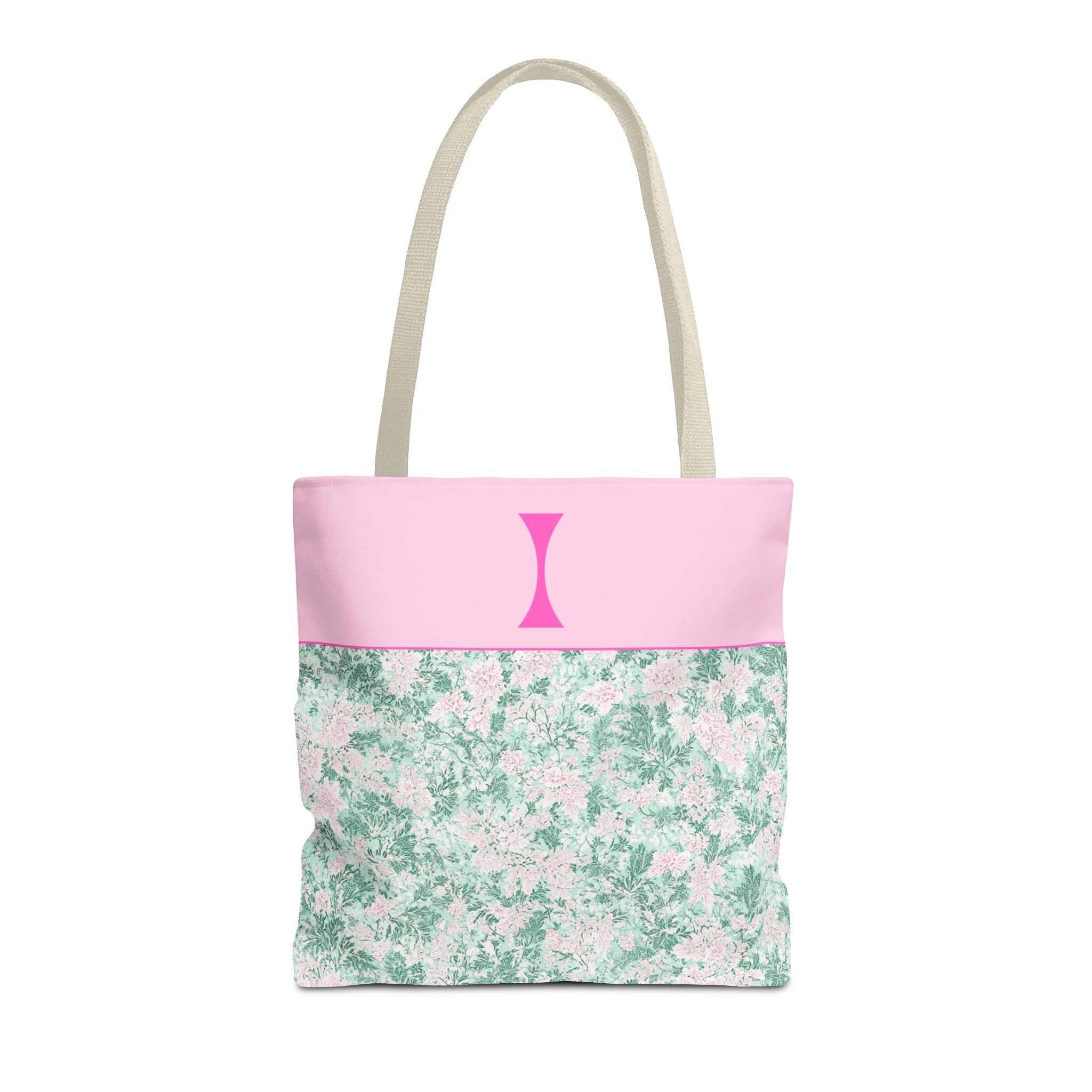 Floral Vintage Aesthetic Tote Bag with Initial for Sister or Bachelorette Party, Cute Mint and Pink Bag for Trip to Beach, Bag for Dance: I - Opal and June