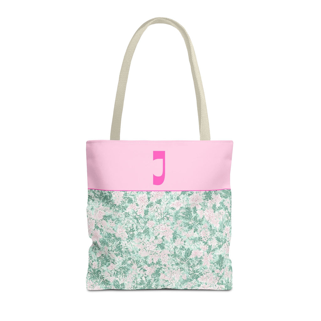 Floral Vintage Aesthetic Tote Bag with Initial for Sister or Bachelorette Party, Cute Mint and Pink Bag for Trip to Beach, Bag for Dance: J - Opal and June