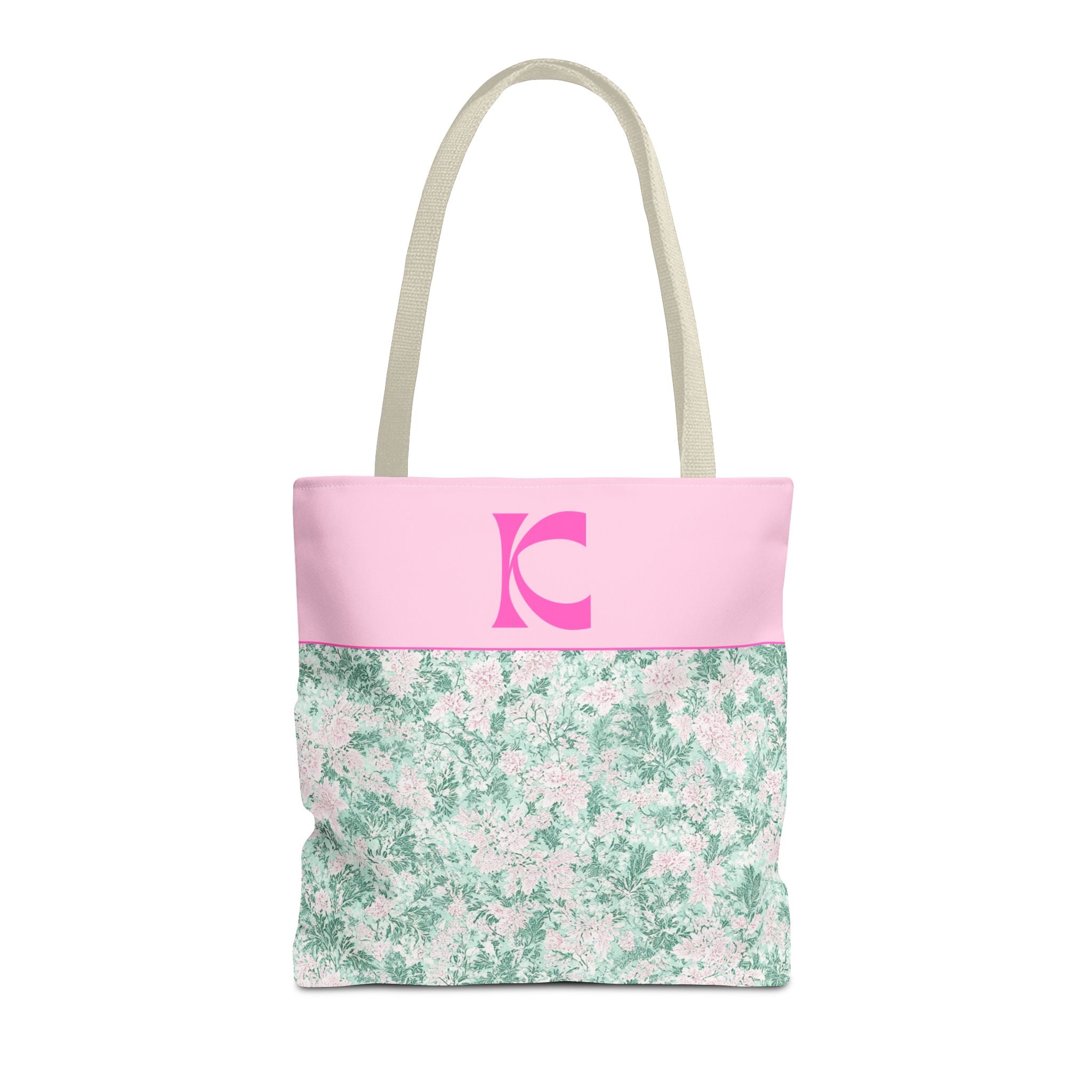 Floral Vintage Aesthetic Tote Bag with Initial for Sister or Bachelorette Party, Cute Mint and Pink Bag for Trip to Beach, Bag for Dance: K - Opal and June