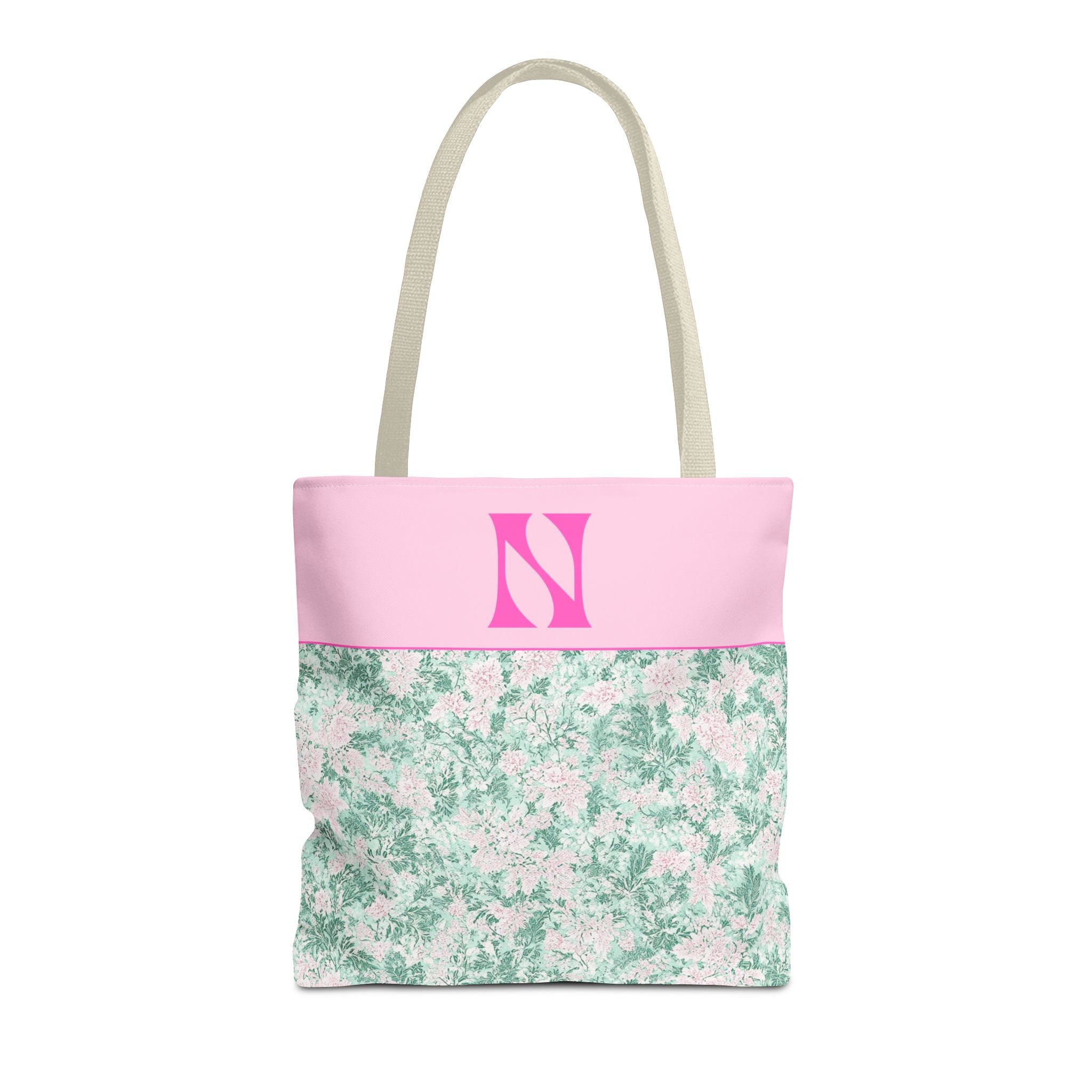 Floral Vintage Aesthetic Tote Bag with Initial for Sister or Bachelorette Party, Cute Mint and Pink Bag for Trip to Beach, Bag for Dance: N - Opal and June