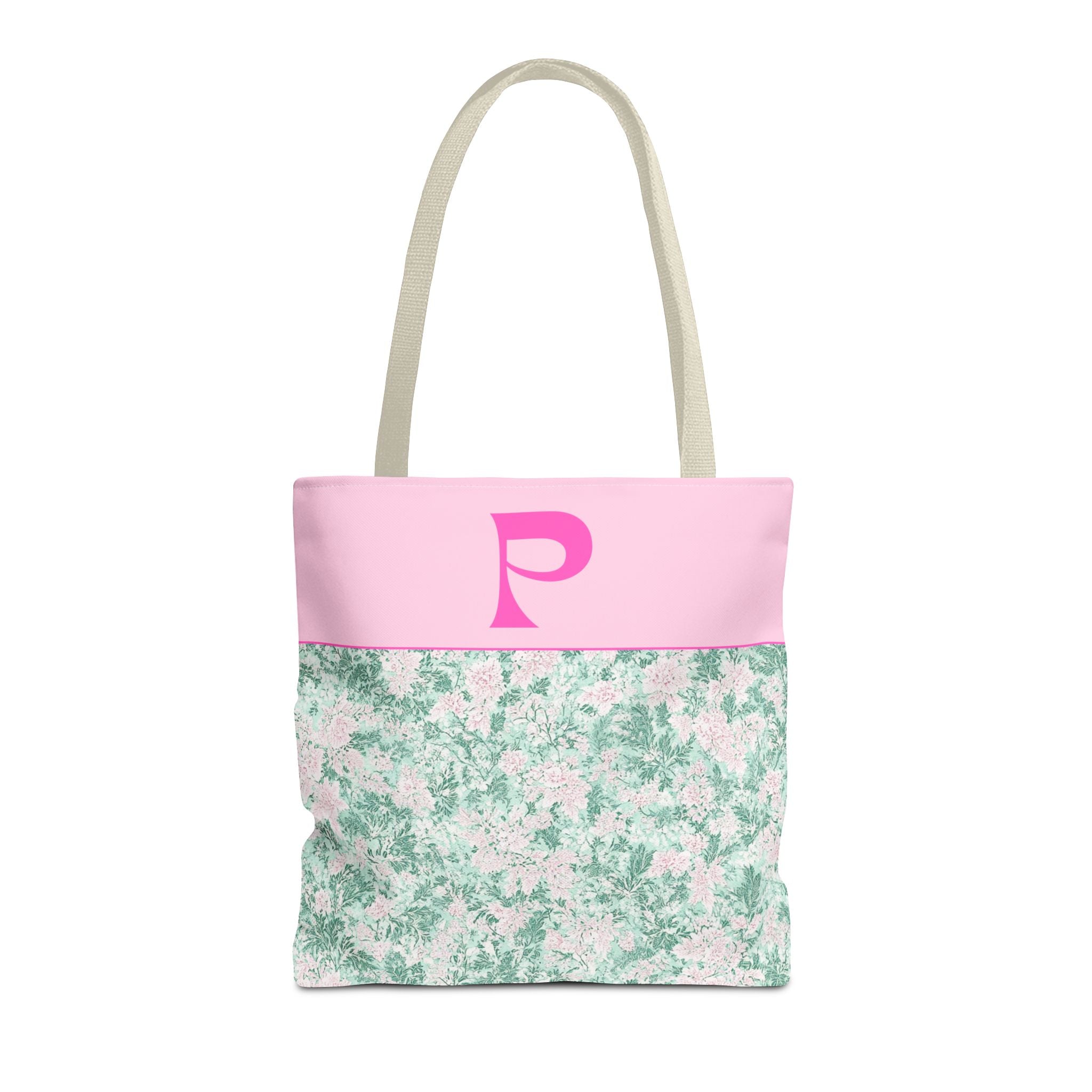 Floral Vintage Aesthetic Tote Bag with Initial for Sister or Bachelorette Party, Cute Mint and Pink Bag for Trip to Beach, Bag for Dance: P - Opal and June