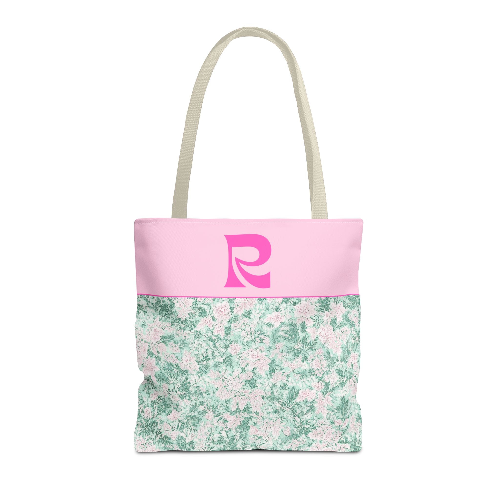 Floral Vintage Aesthetic Tote Bag with Initial for Sister or Bachelorette Party, Cute Mint and Pink Bag for Trip to Beach, Bag for Dance: R - Opal and June