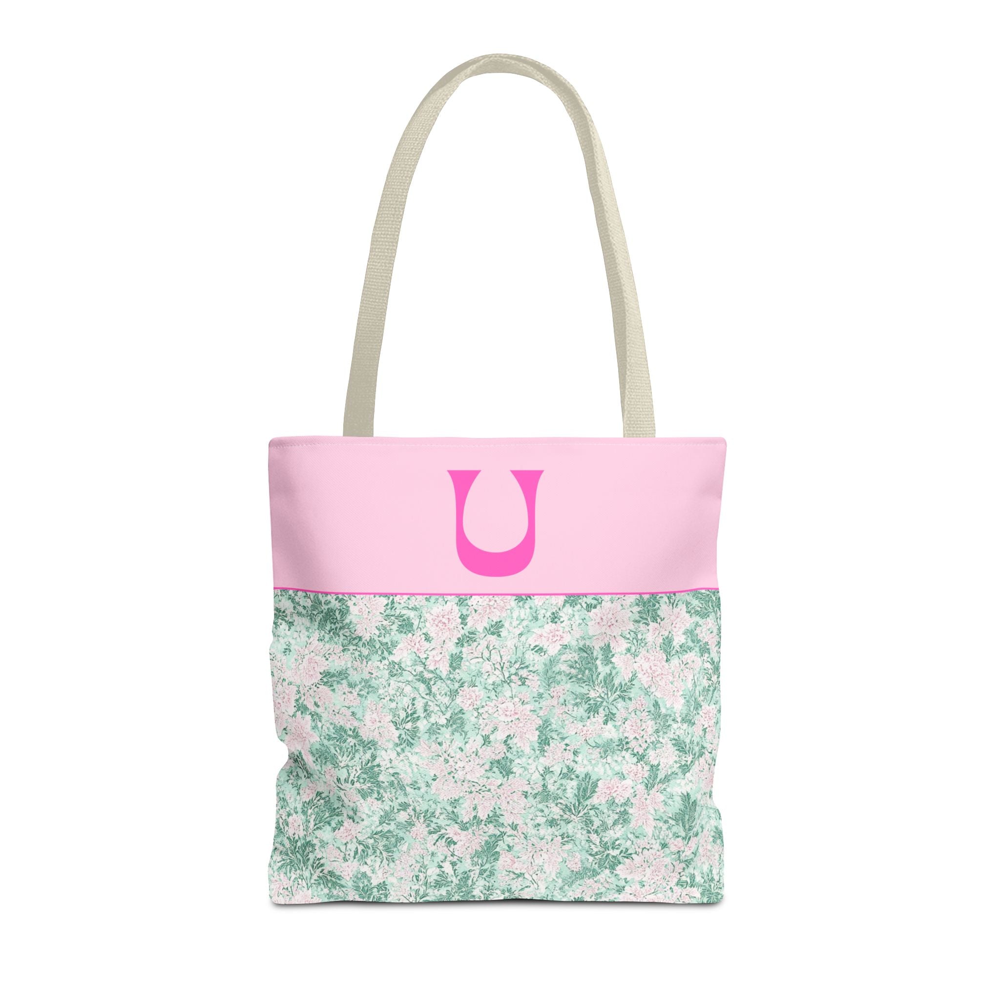 Floral Vintage Aesthetic Tote Bag with Initial for Sister or Bachelorette Party, Cute Mint and Pink Bag for Trip to Beach, Bag for Dance: U - Opal and June