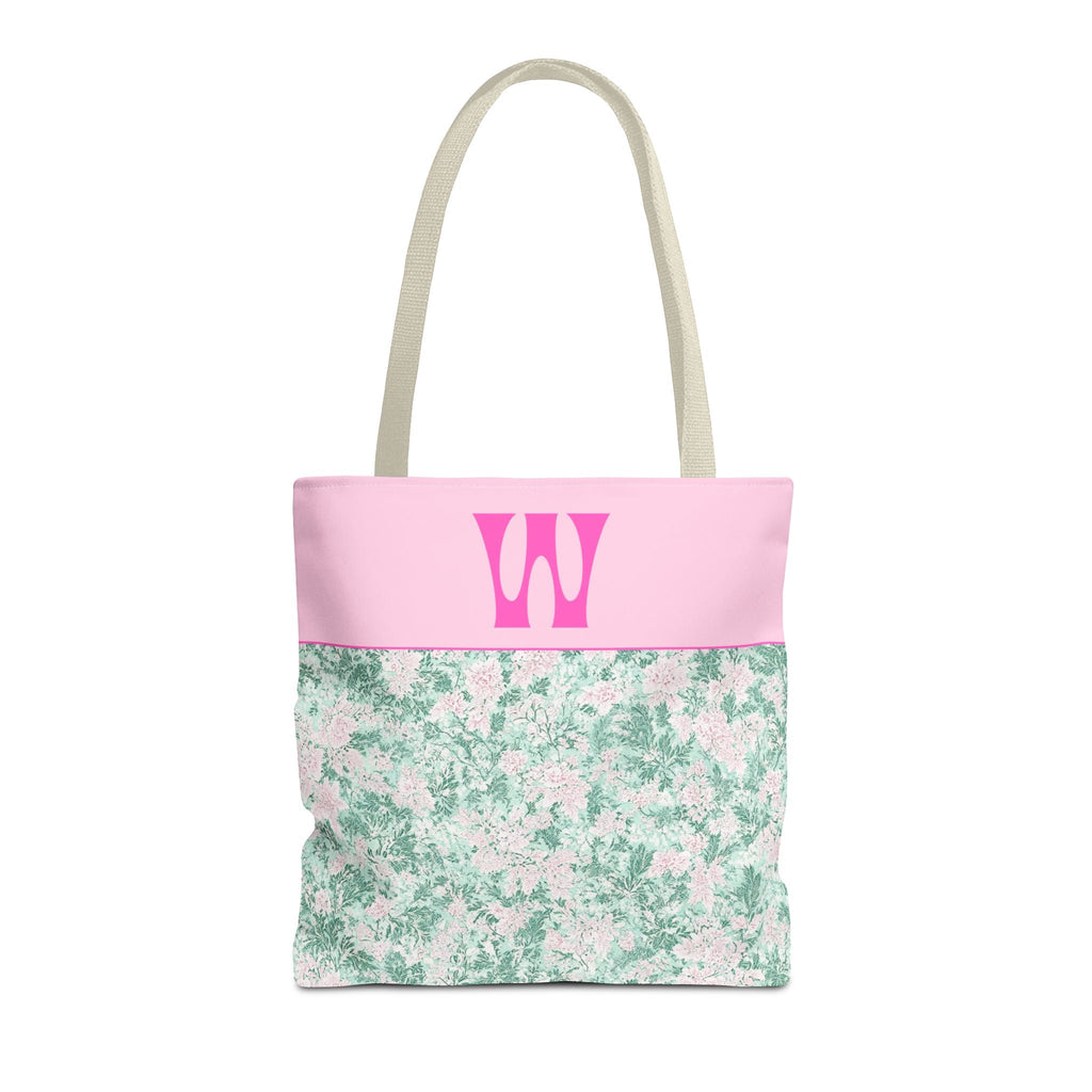 Floral Vintage Aesthetic Tote Bag with Initial for Sister or Bachelorette Party, Cute Mint and Pink Bag for Trip to Beach, Bag for Dance: W - Opal and June
