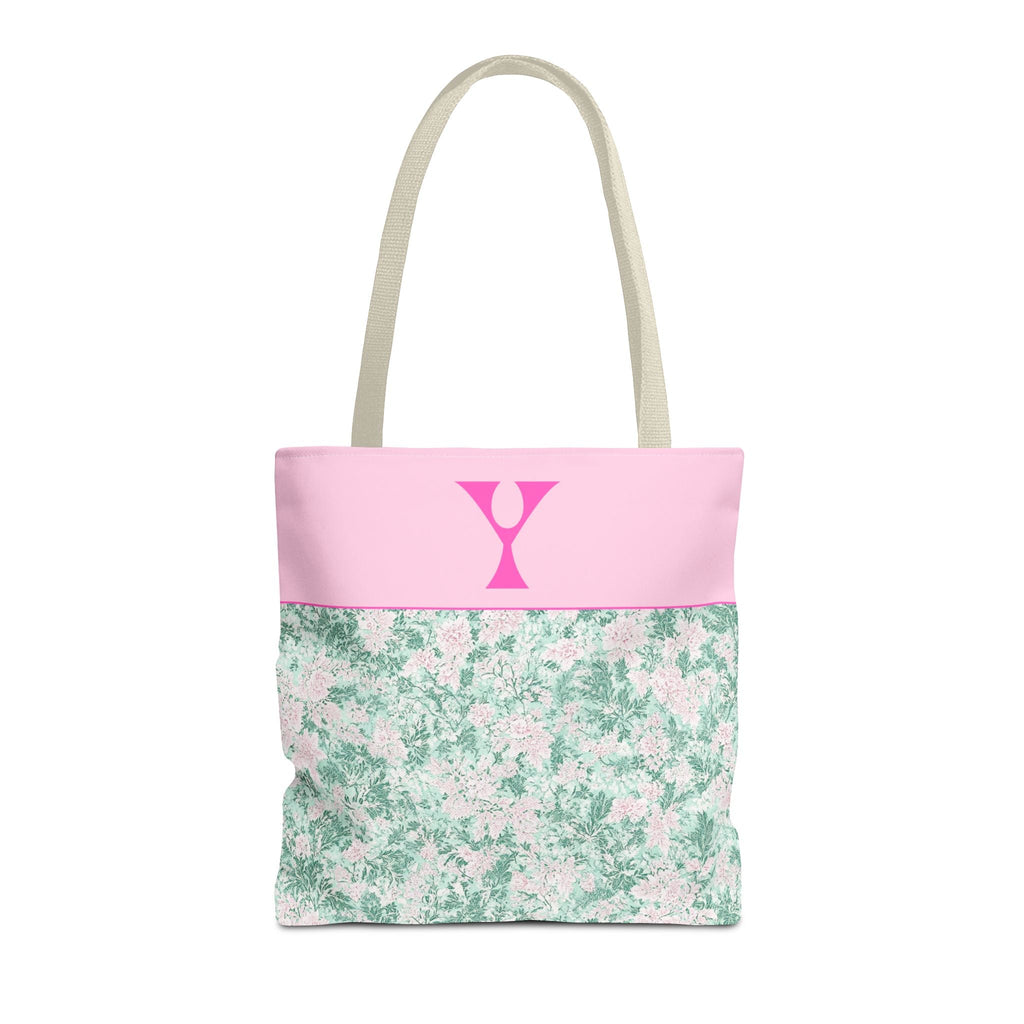 Floral Vintage Aesthetic Tote Bag with Initial for Sister or Bachelorette Party, Cute Mint and Pink Bag for Trip to Beach, Bag for Dance: Y - Opal and June