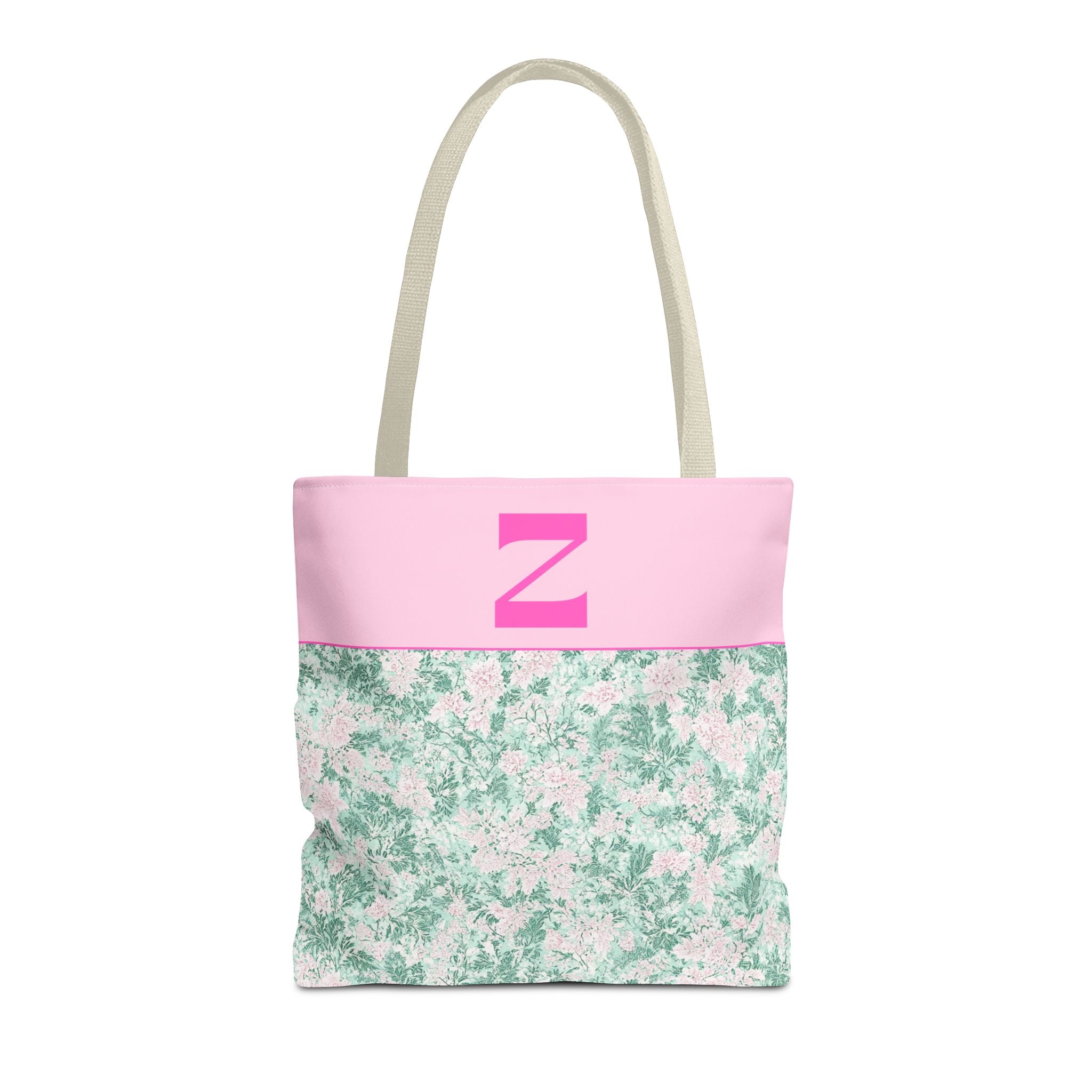 Floral Vintage Aesthetic Tote Bag with Initial for Sister or Bachelorette Party, Cute Mint and Pink Bag for Trip to Beach, Bag for Dance: Z - Opal and June