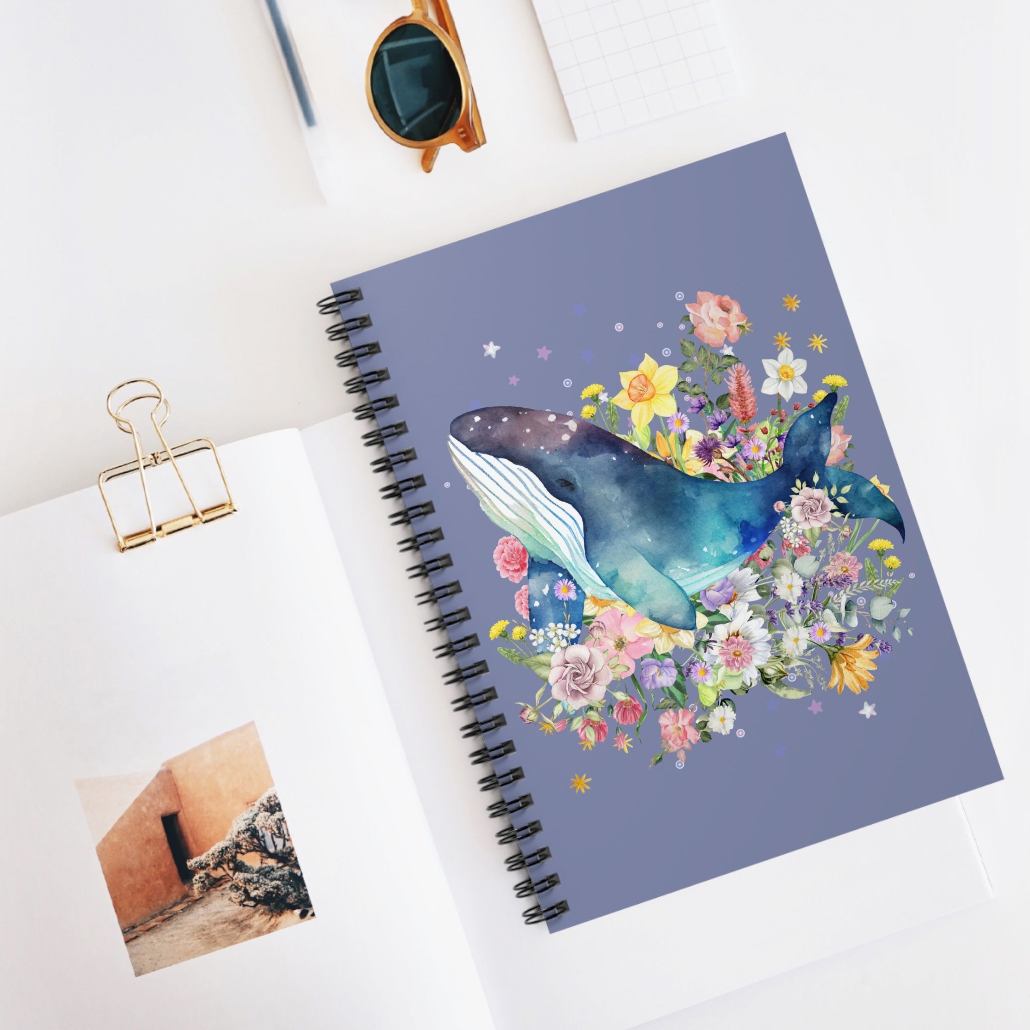 Floral Whale Notebook with Boho Celestial Feel: 118 Page Spiral Notebook - Opal and June