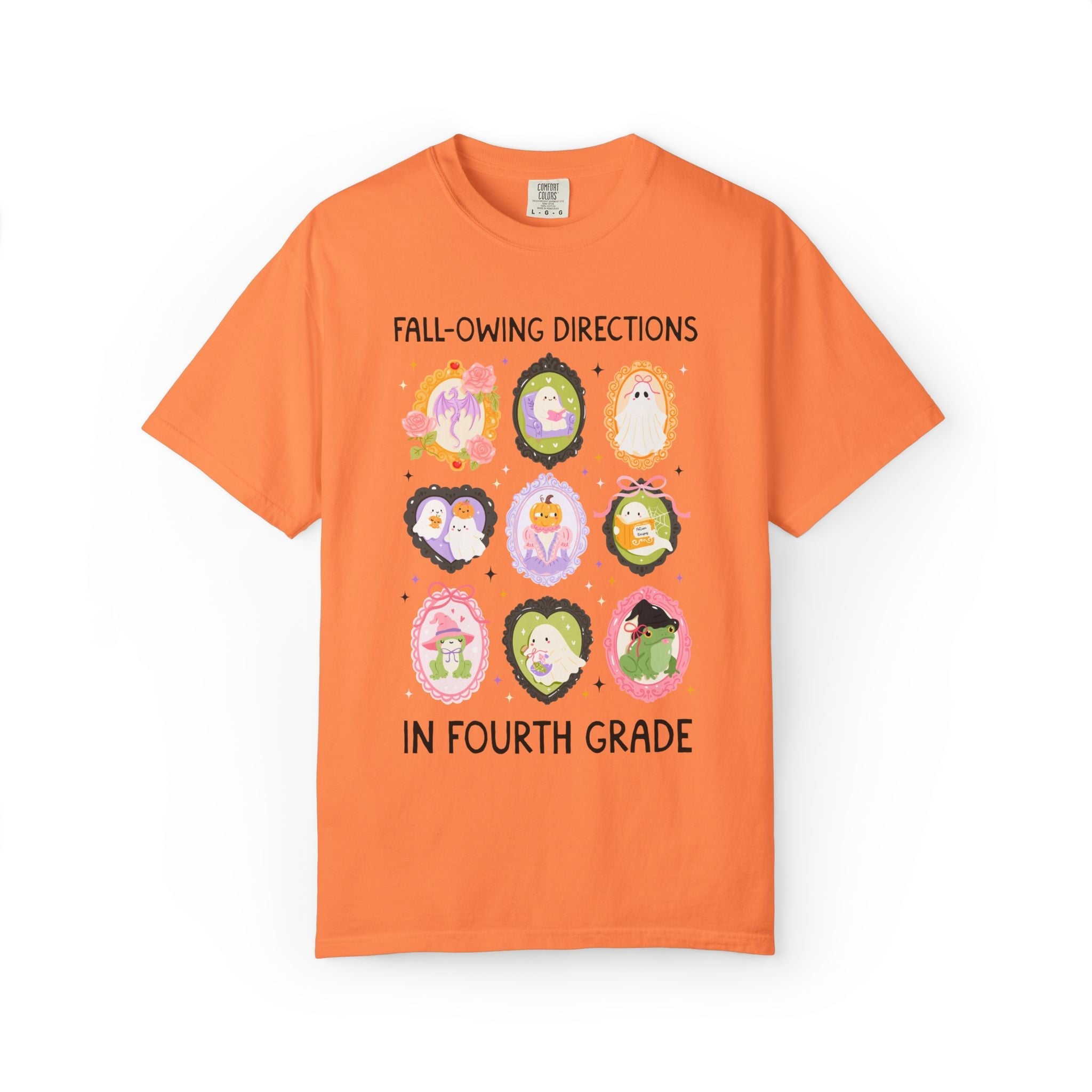 Fourth Grade Halloween Teacher Tee: Fall-Owing Directions Pastel Goth Teacher Team T-Shirt for Fall, Cute Spooky Season Frog Tee with Ghosts - Opal and June