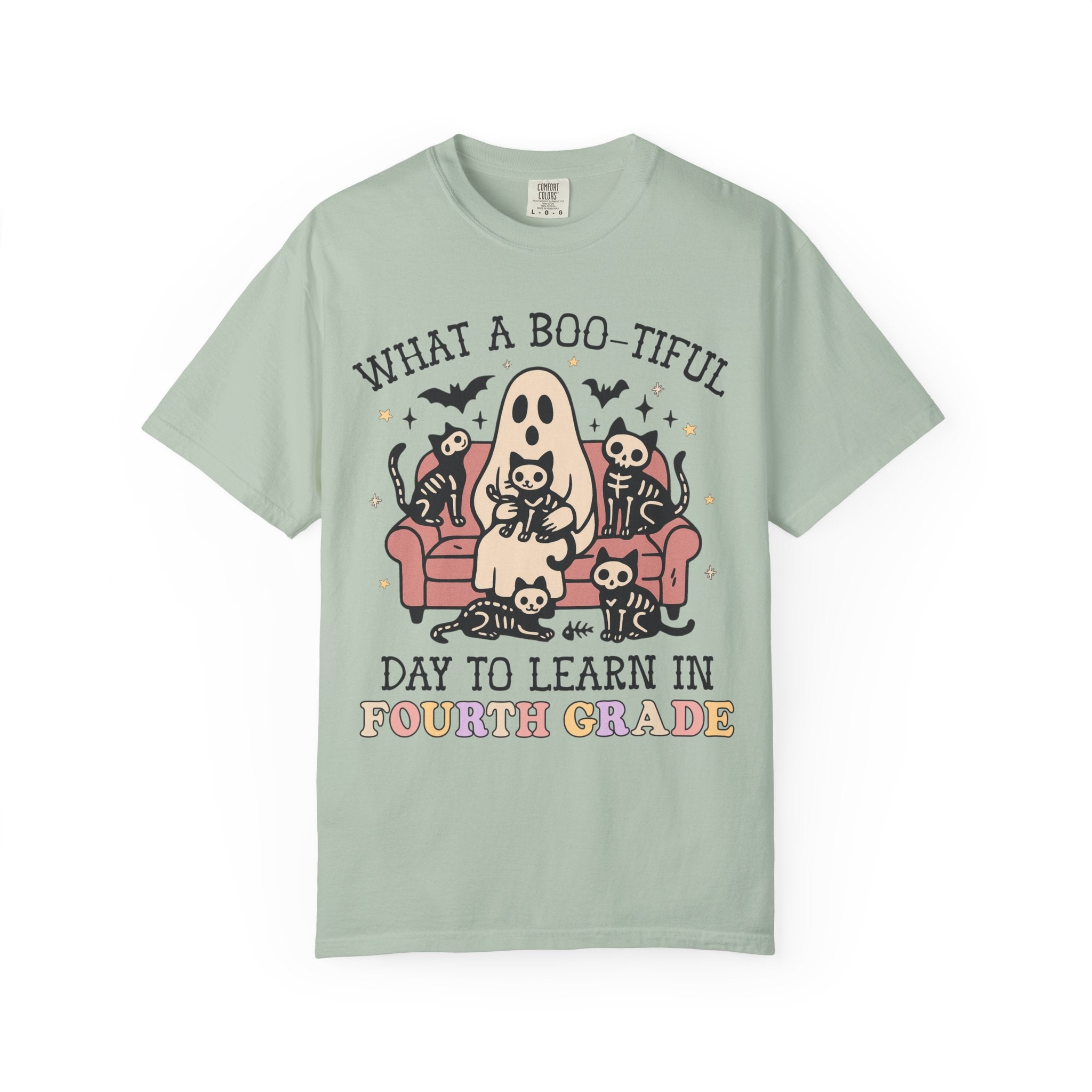 Fourth Grade Halloween Teacher Tee Shirt with Cute Spooky Cats, Matching Teacher T-Shirt for Halloween, Nostalgic Halloween Funny Saying Tee - Opal and June