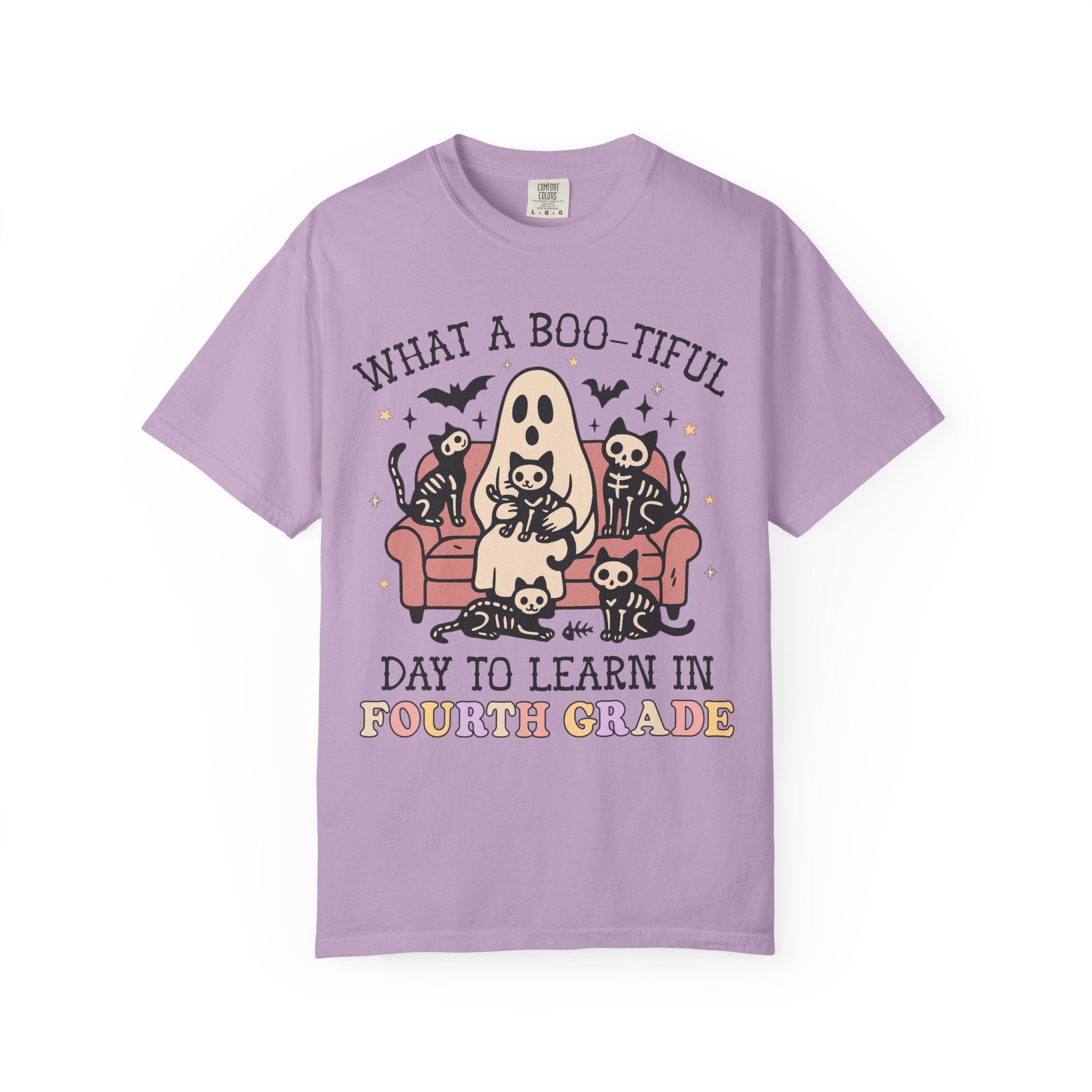 Fourth Grade Halloween Teacher Tee Shirt with Cute Spooky Cats, Matching Teacher T-Shirt for Halloween, Nostalgic Halloween Funny Saying Tee - Opal and June