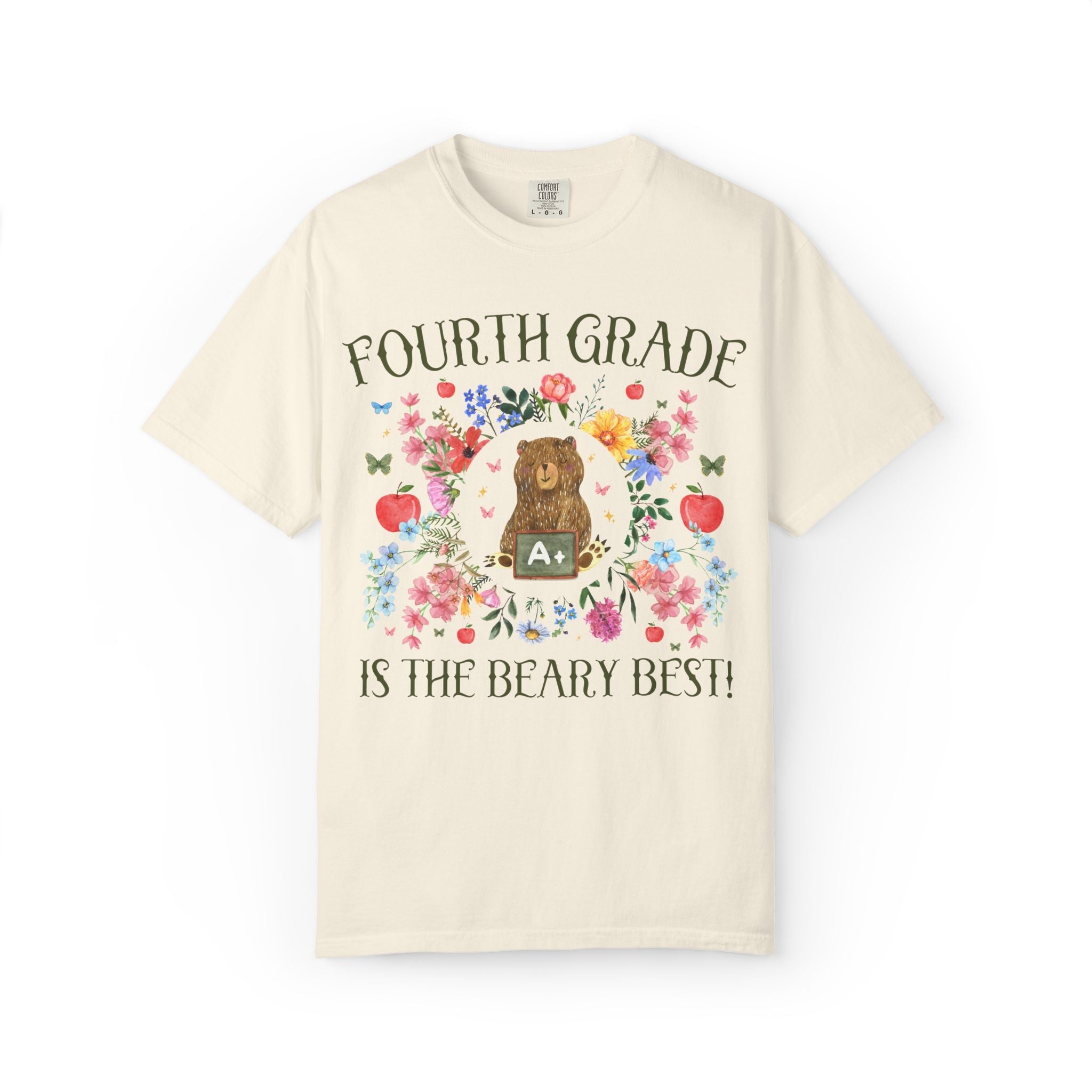 Fourth Grade is The Beary Best Matching Teacher T-Shirt with Flowers and Cute Cottagecore Bear, Back to School Goblincore Tee - Opal and June