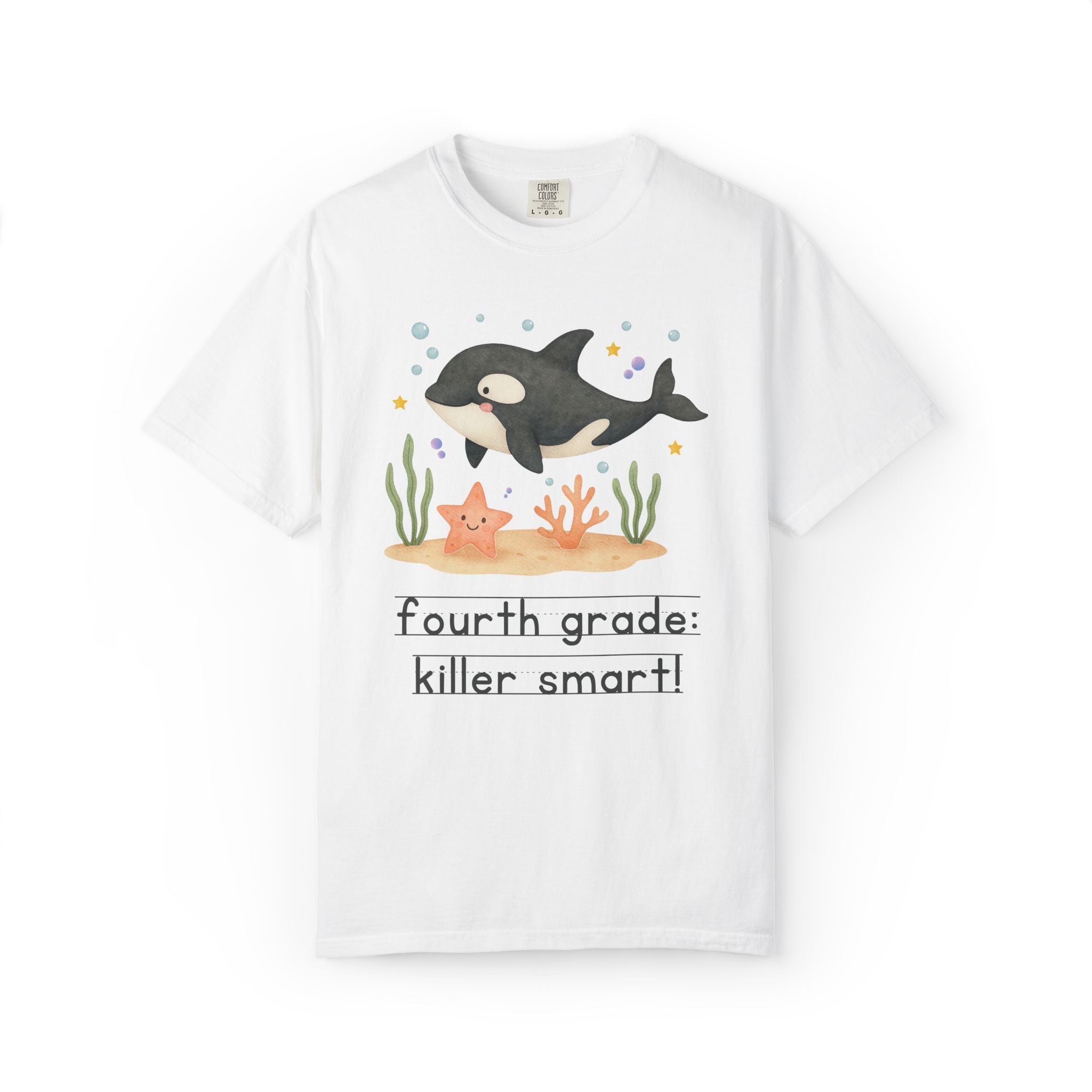 Fourth Grade: Killer Smart Matching Teacher Tee Shirt for Back to School or Testing Day, Cute and Nostalgic Ocean Animal Orca Whale - Opal and June