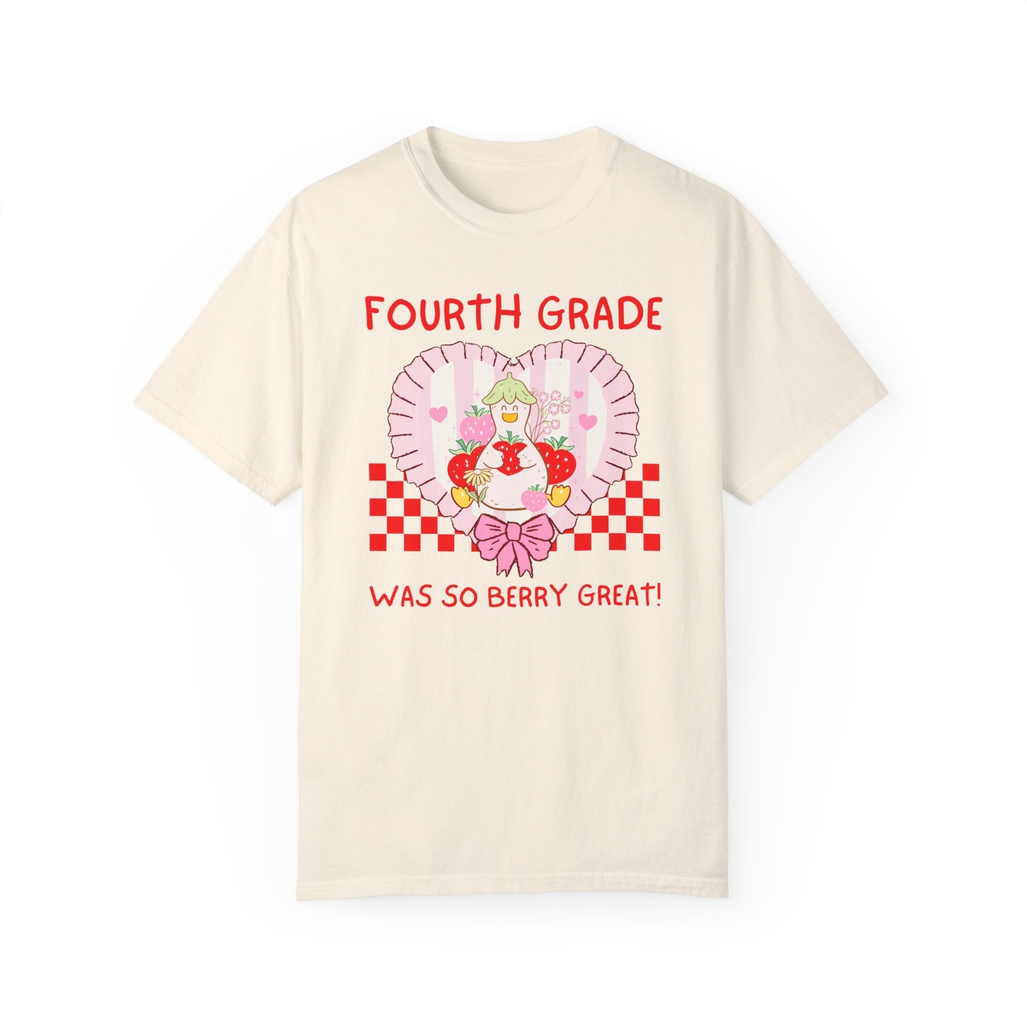 Fourth Grade Last Day of School Teacher Tee Shirt with Silly Goose Holding Strawberries in a Heart, Cute Matching Fourth Grade Crew T-Shirt - Opal and June