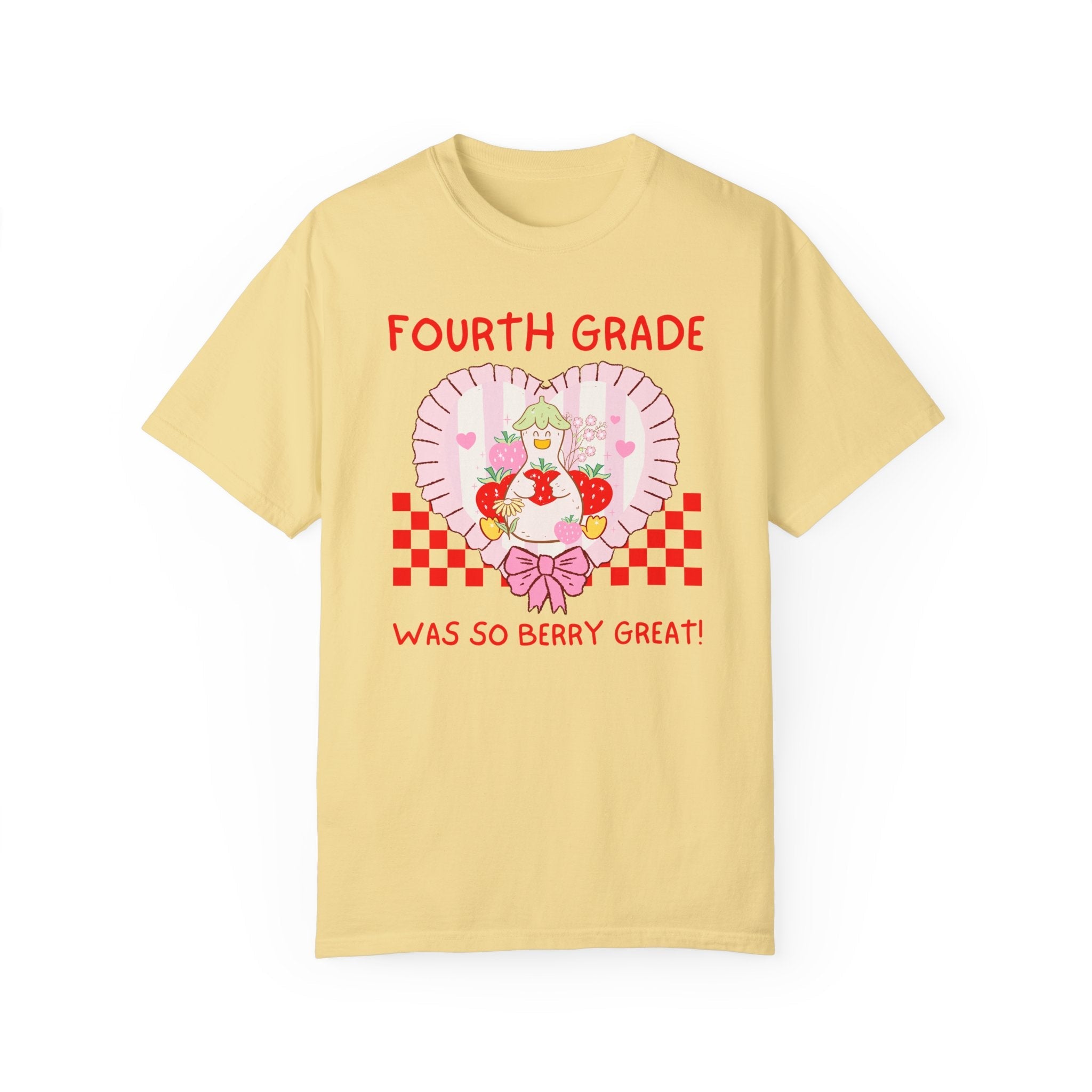 Fourth Grade Last Day of School Teacher Tee Shirt with Silly Goose Holding Strawberries in a Heart, Cute Matching Fourth Grade Crew T-Shirt - Opal and June