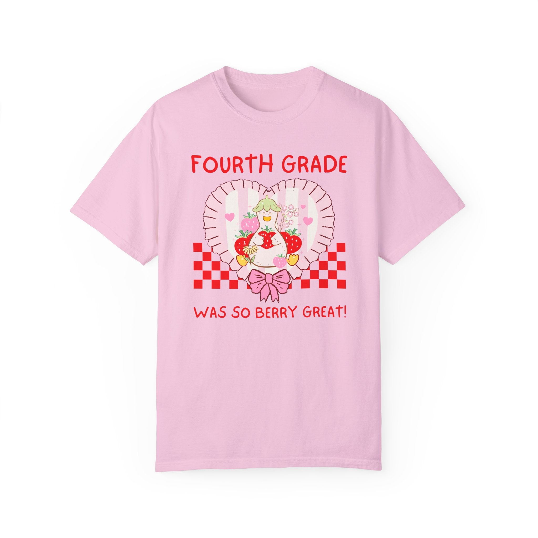 Fourth Grade Last Day of School Teacher Tee Shirt with Silly Goose Holding Strawberries in a Heart, Cute Matching Fourth Grade Crew T-Shirt - Opal and June