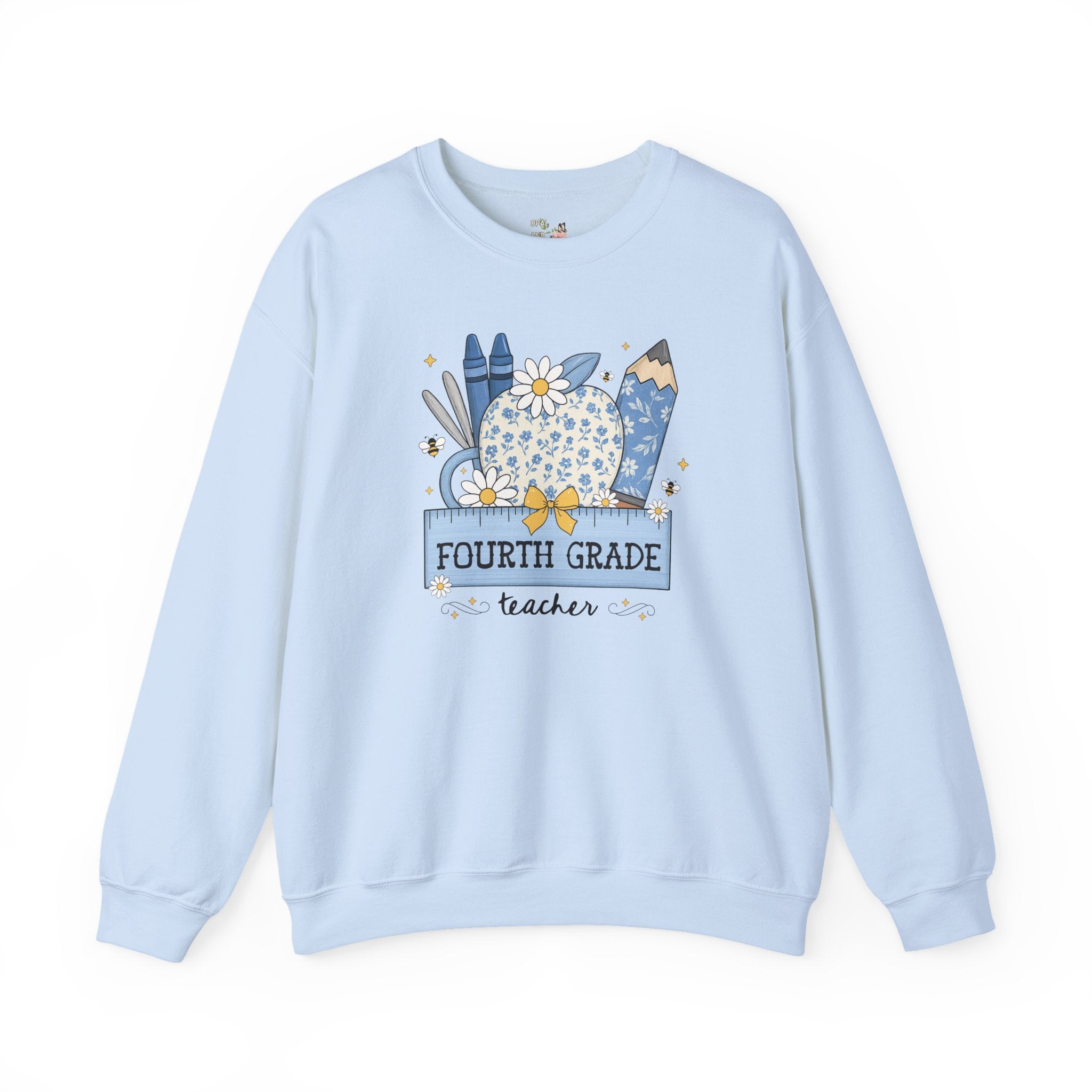 Fourth Grade Teacher Flower Sweatshirt with Floral Apple, Cute Cottagecore Shirt with Bees, Matching Fourth Grade Crew Back to School Shirt - Opal and June