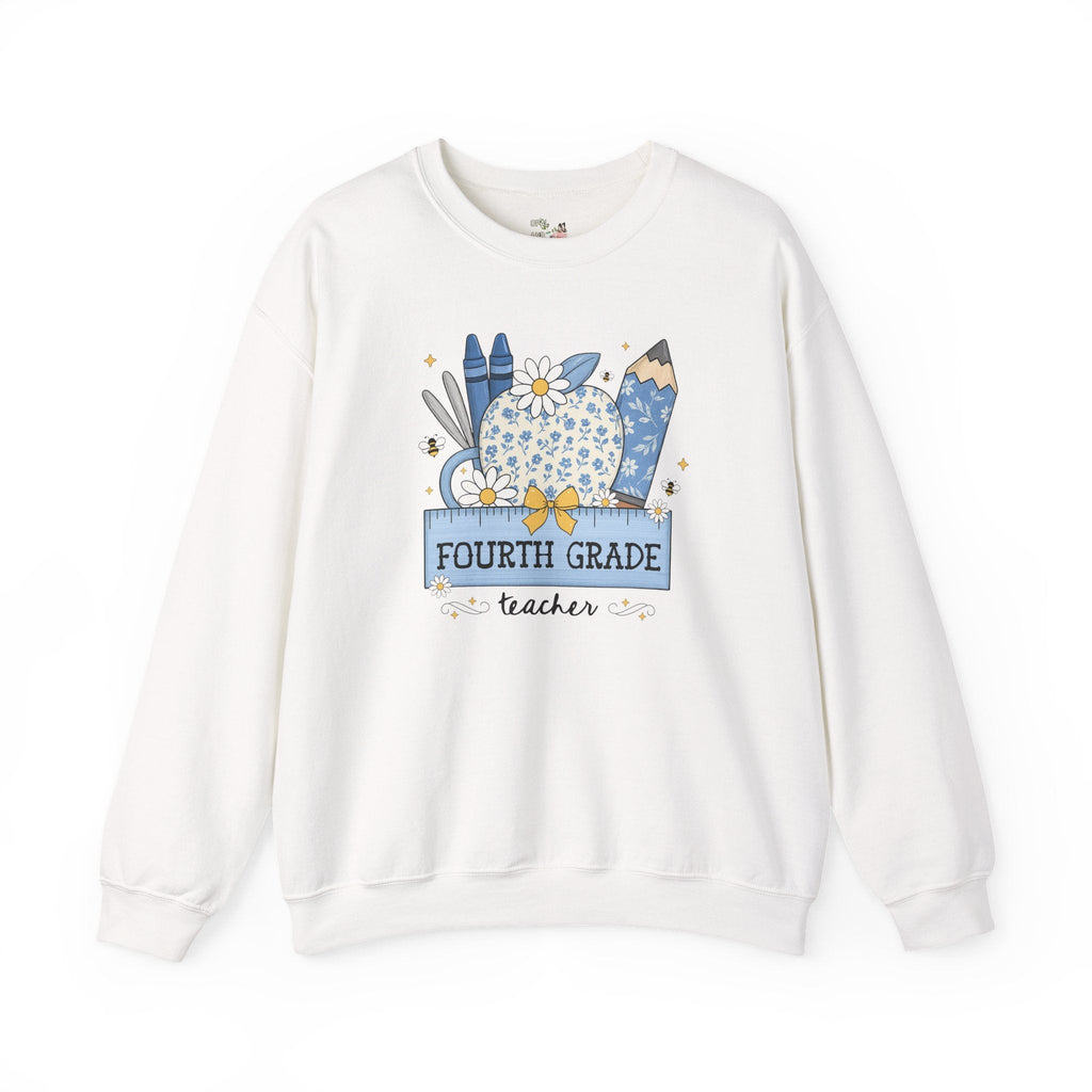 Fourth Grade Teacher Flower Sweatshirt with Floral Apple, Cute Cottagecore Shirt with Bees, Matching Fourth Grade Crew Back to School Shirt - Opal and June