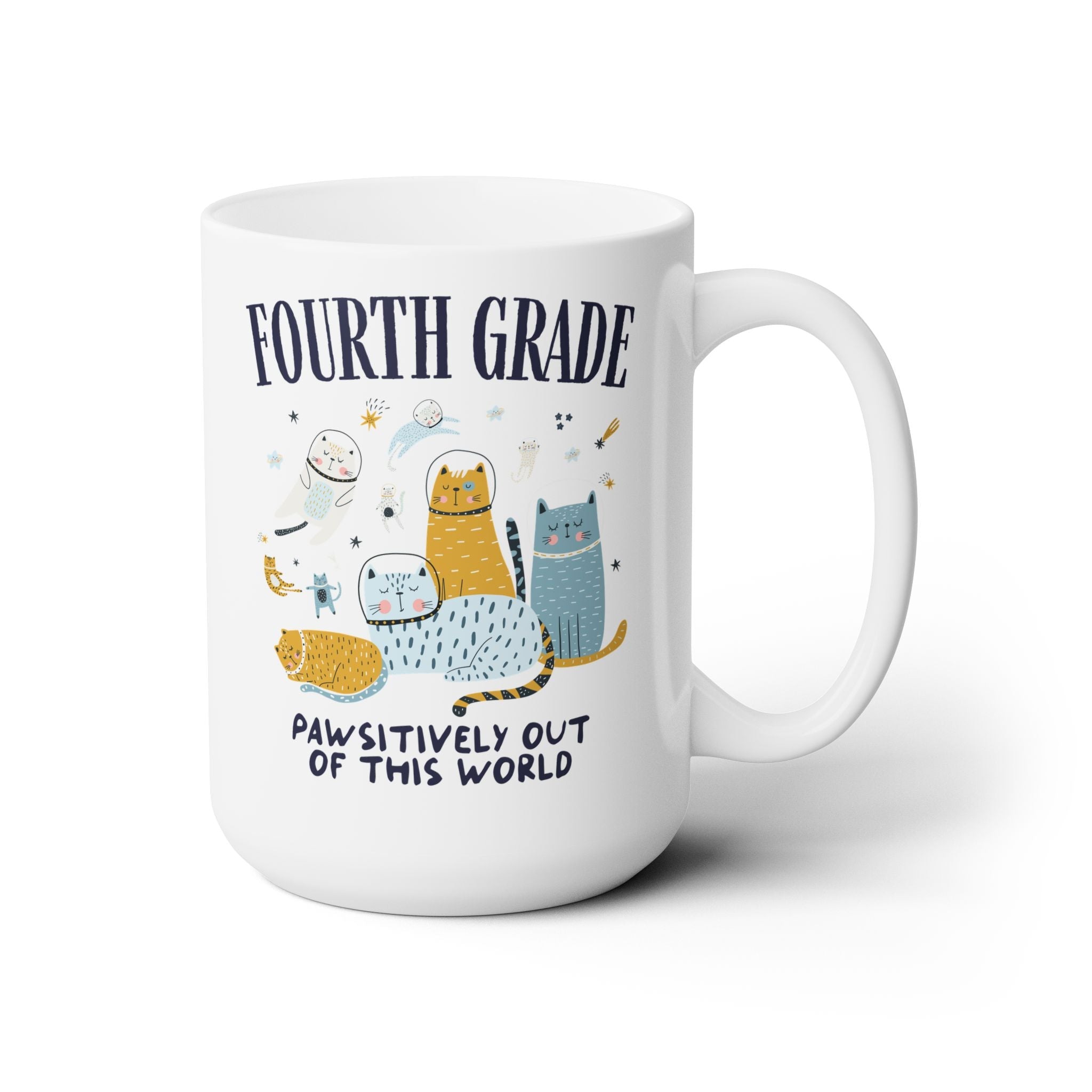 Fourth Grade Teacher Space Cat 15 Oz Coffee Mug with Astronaut Kittens and Stars: Pawsitively Out of This World Teacher Team Mug for Cat Lover - Opal and June