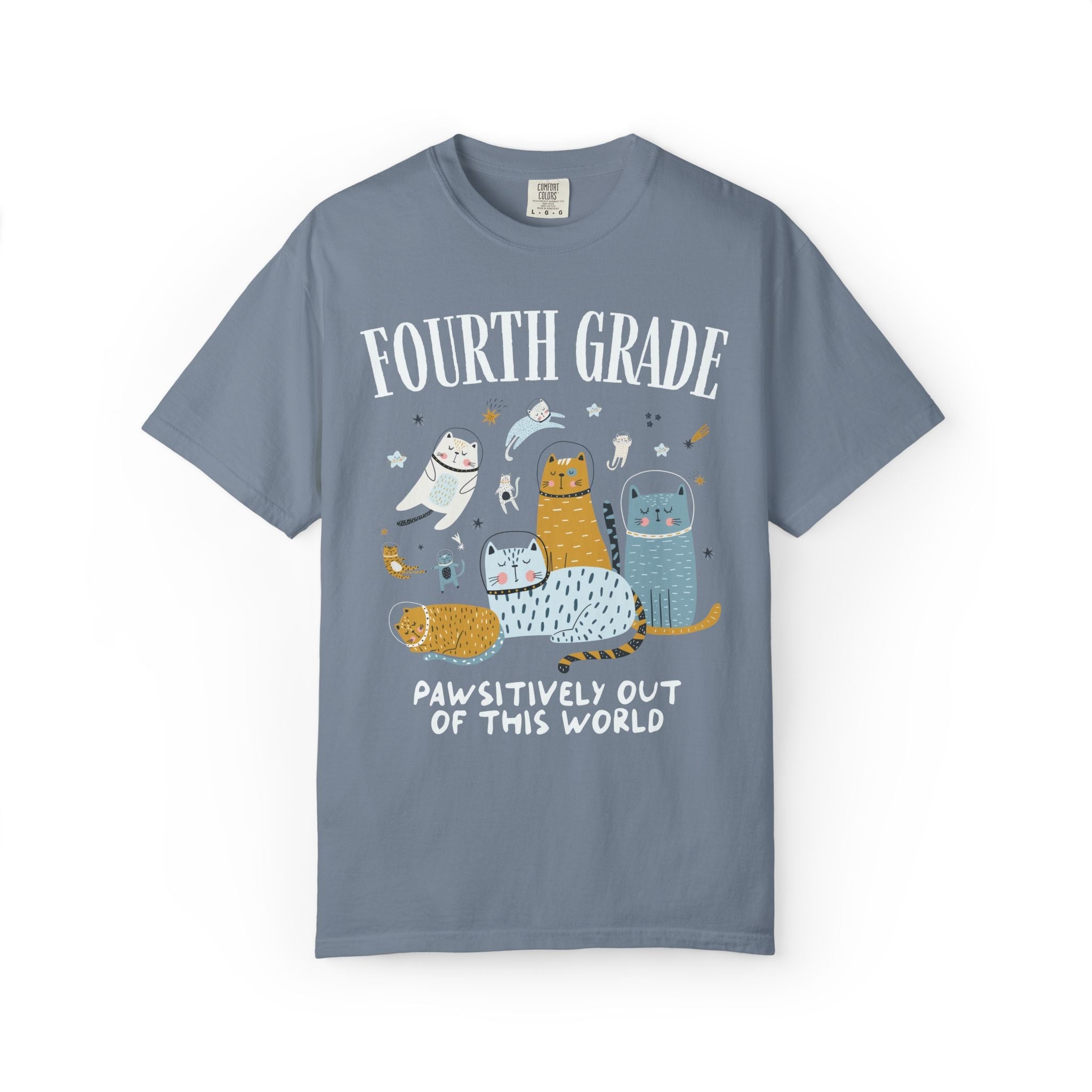 Fourth Grade Teacher Space Cat Tee Shirt with Astronaut Kittens and Stars: Pawsitively Out of This World Teacher Team T-Shirt for Cat Lover - Opal and June