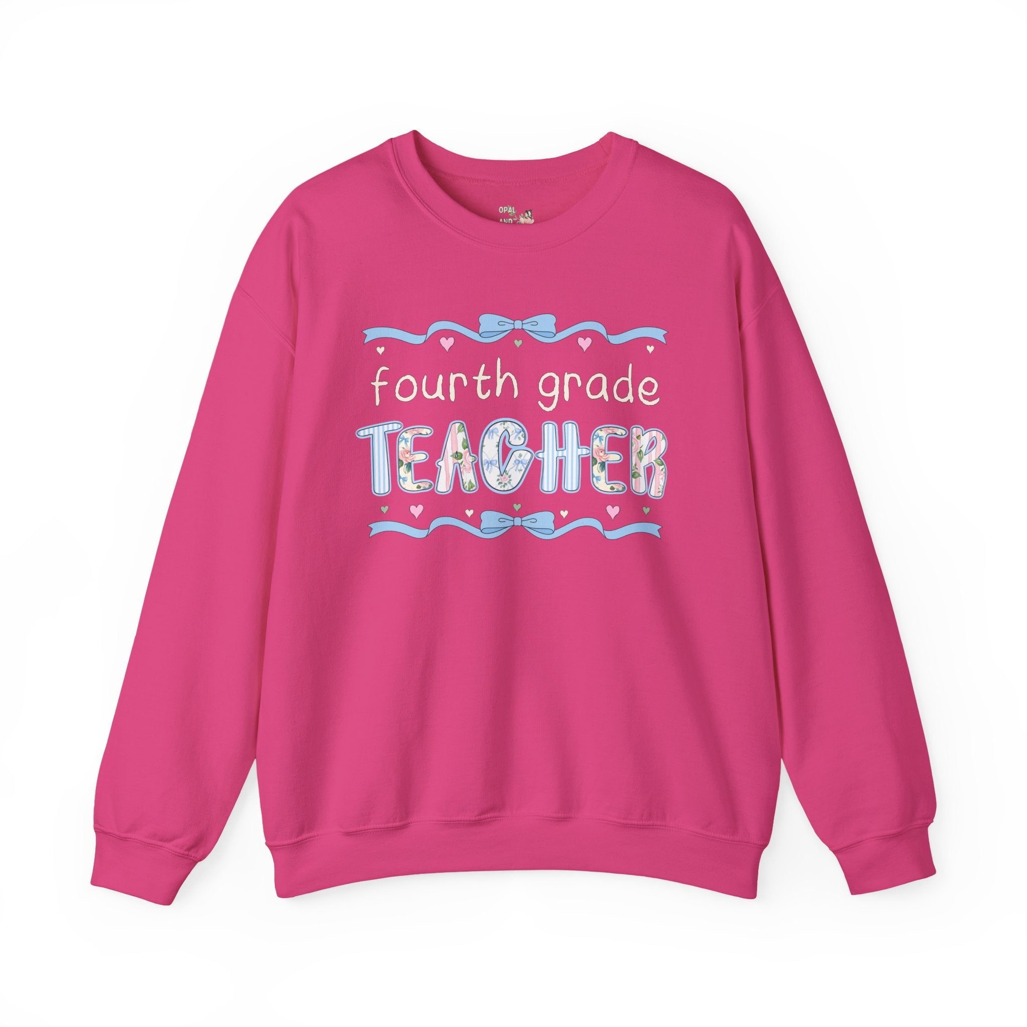 Fourth Grade Teacher Sweatshirt, Back to School, Cute First Day of School Teacher Shirt with Bow, Boho 90s Aesthetic Teacher Team Crewneck - Opal and June