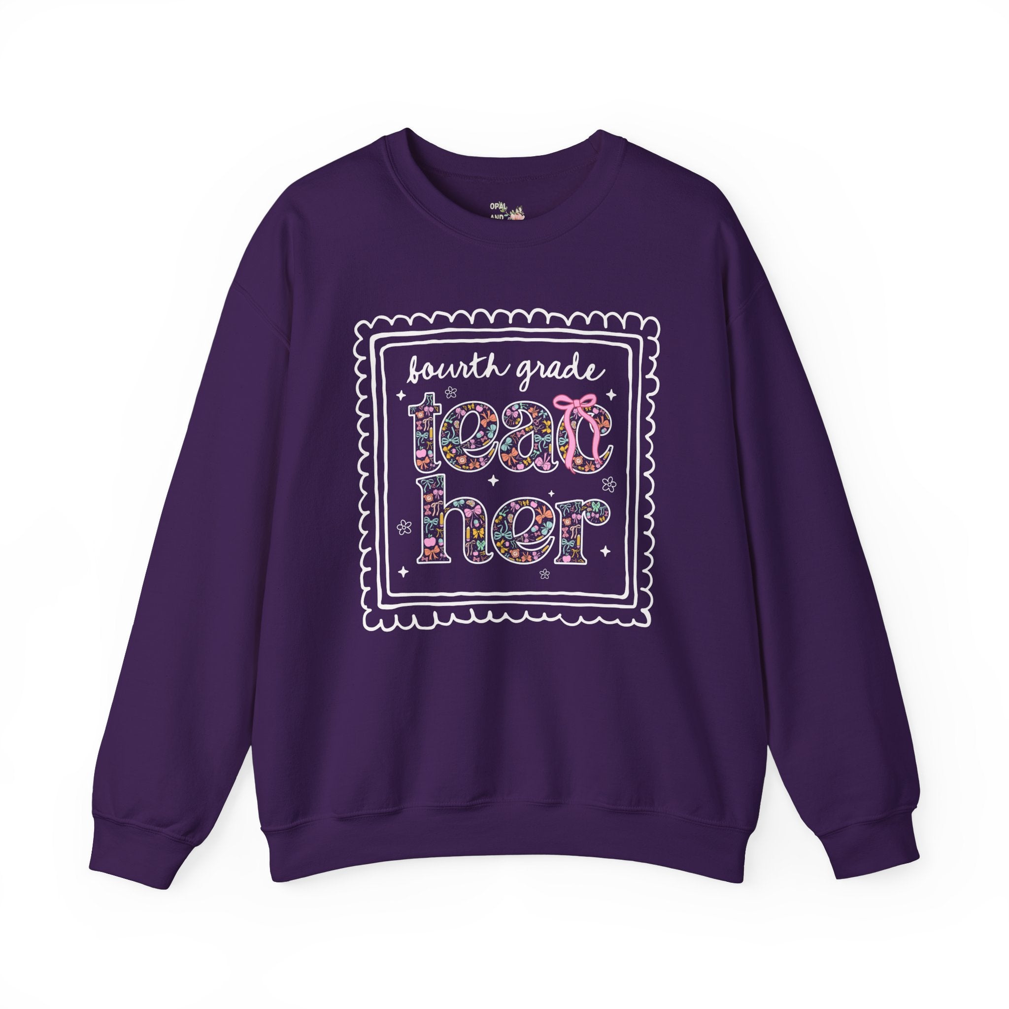 Fourth Grade Teacher Sweatshirt for Back to School, Cute Floral Matching Fourth Grade Crew Shirt with Bow, Cute Nineties Aesthetic Doodles - Opal and June