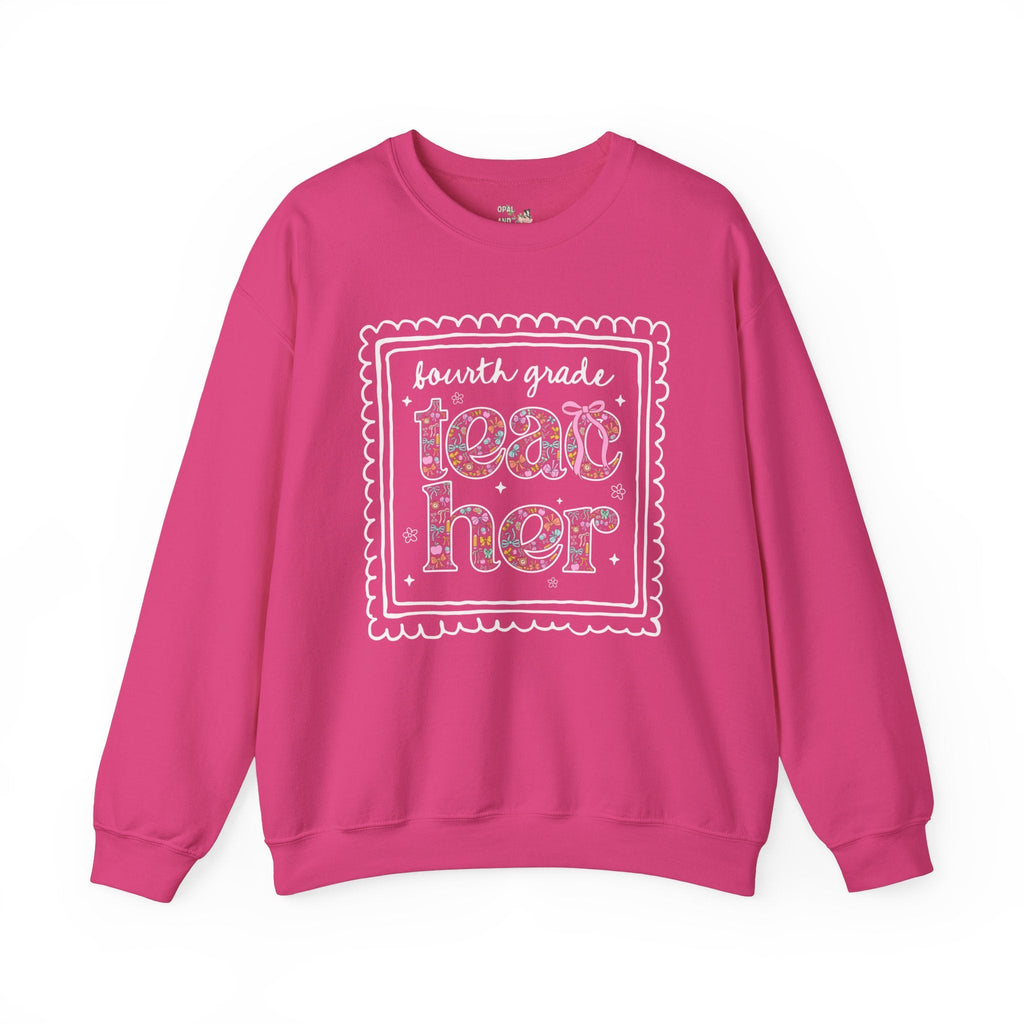 Fourth Grade Teacher Sweatshirt for Back to School, Cute Floral Matching Fourth Grade Crew Shirt with Bow, Cute Nineties Aesthetic Doodles - Opal and June