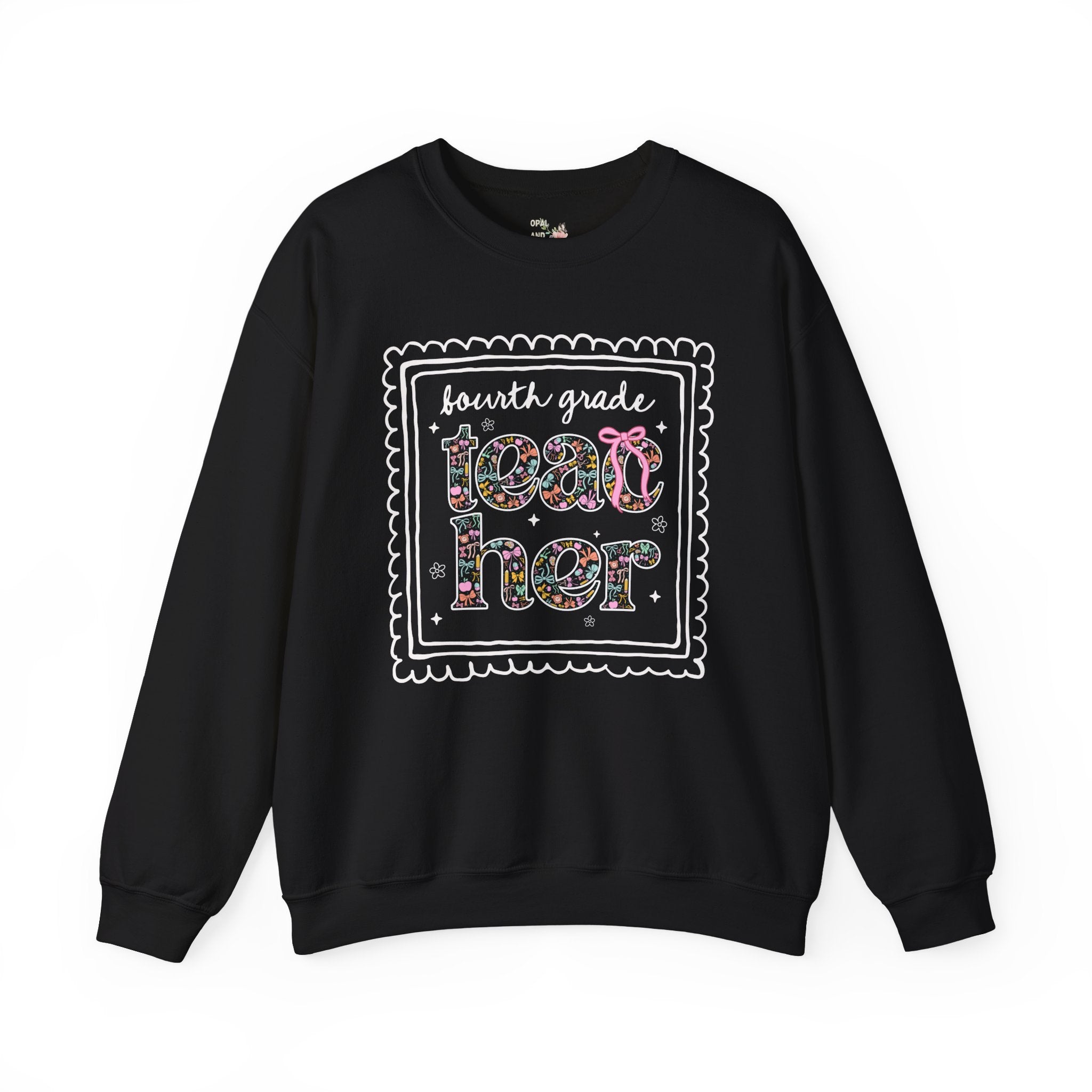 Fourth Grade Teacher Sweatshirt for Back to School, Cute Floral Matching Fourth Grade Crew Shirt with Bow, Cute Nineties Aesthetic Doodles - Opal and June