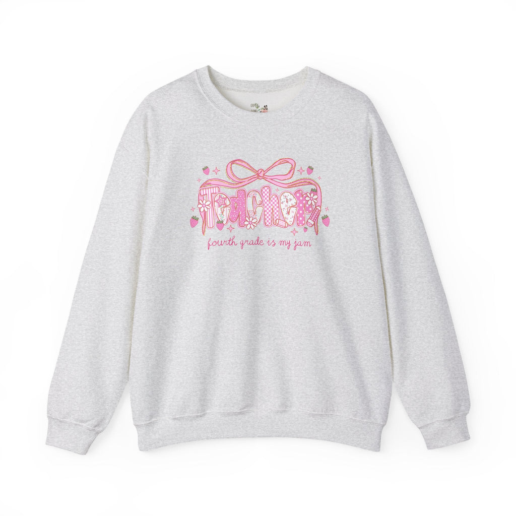 Fourth Grade Teacher Sweatshirt for Fourth Grade Squad or Crew, Floral Boho Strawberry Crewneck with Messy Coquette Bow, Fruit Lover Teacher - Opal and June