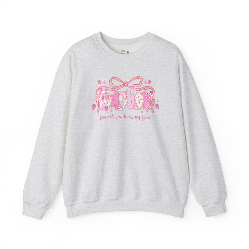 Fourth Grade Teacher Sweatshirt for Fourth Grade Squad or Crew, Floral Boho Strawberry Crewneck with Messy Coquette Bow, Fruit Lover Teacher - Opal and June