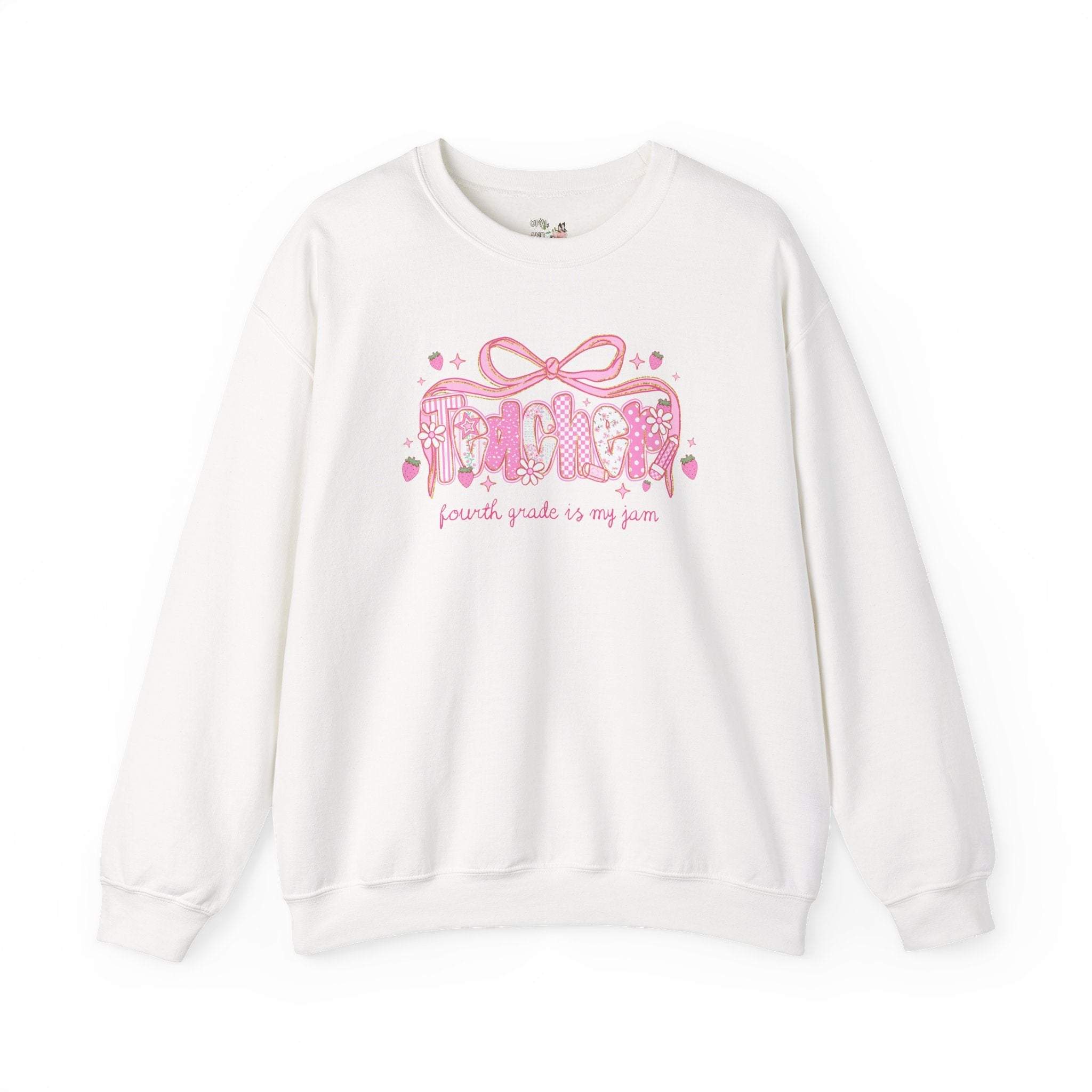 Fourth Grade Teacher Sweatshirt for Fourth Grade Squad or Crew, Floral Boho Strawberry Crewneck with Messy Coquette Bow, Fruit Lover Teacher - Opal and June