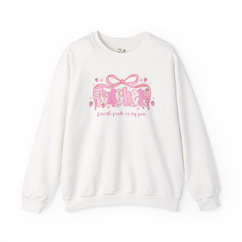 Fourth Grade Teacher Sweatshirt for Fourth Grade Squad or Crew, Floral Boho Strawberry Crewneck with Messy Coquette Bow, Fruit Lover Teacher - Opal and June