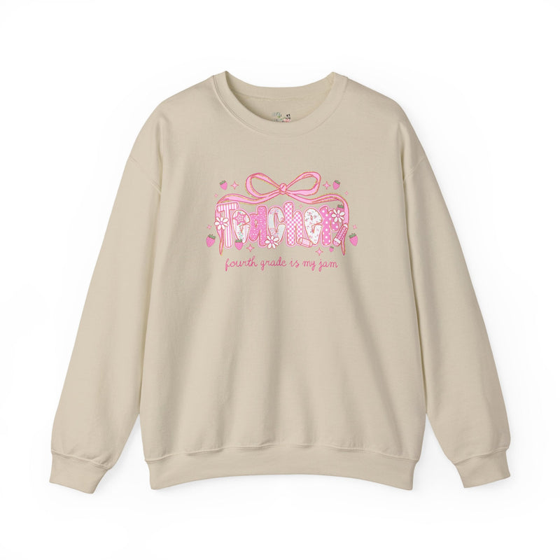 Fourth Grade Teacher Sweatshirt for Fourth Grade Squad or Crew, Floral Boho Strawberry Crewneck with Messy Coquette Bow, Fruit Lover Teacher - Opal and June