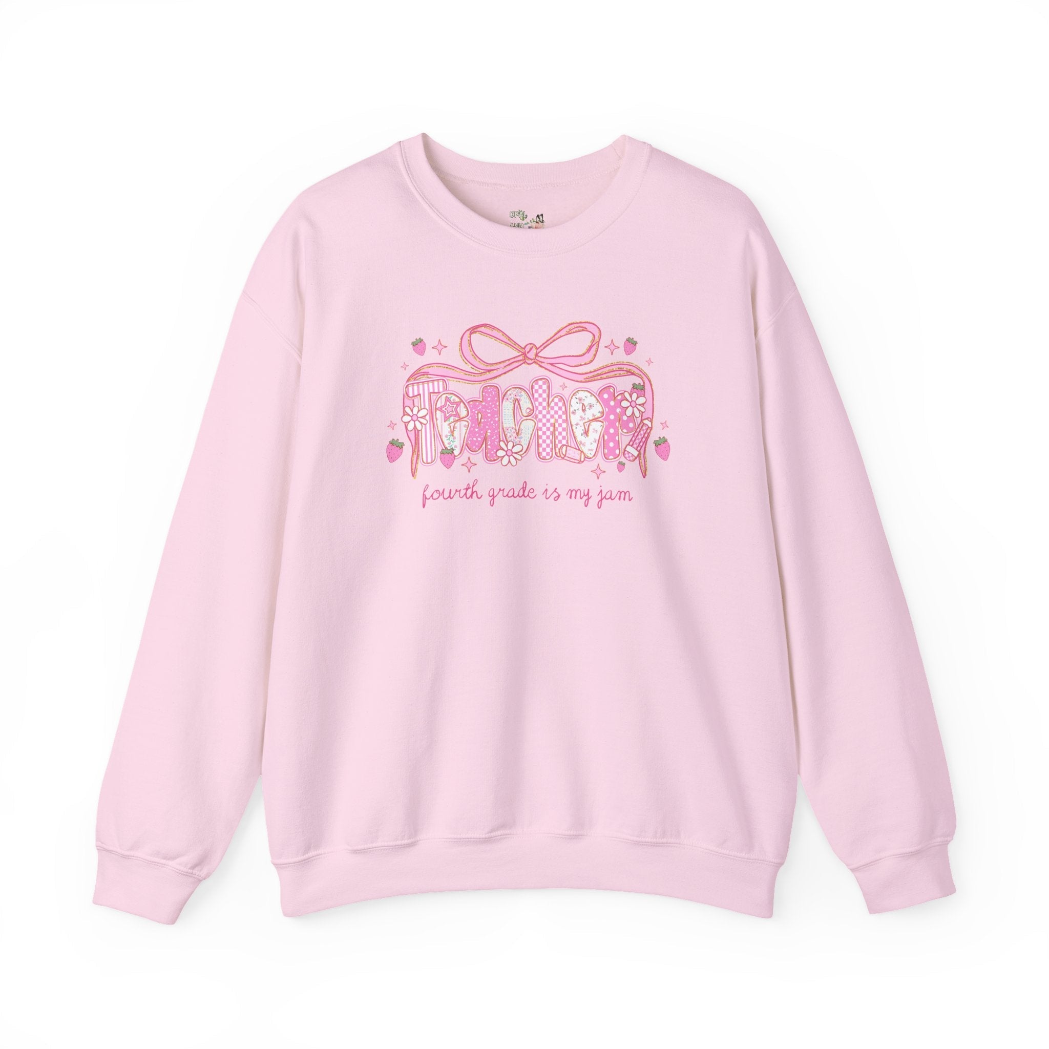 Fourth Grade Teacher Sweatshirt for Fourth Grade Squad or Crew, Floral Boho Strawberry Crewneck with Messy Coquette Bow, Fruit Lover Teacher - Opal and June
