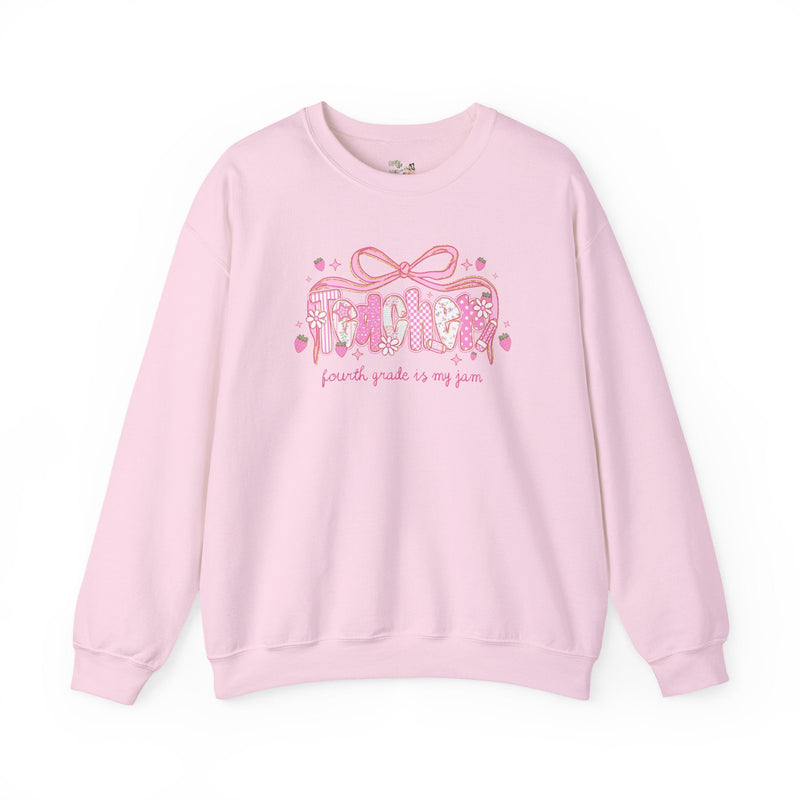Fourth Grade Teacher Sweatshirt for Fourth Grade Squad or Crew, Floral Boho Strawberry Crewneck with Messy Coquette Bow, Fruit Lover Teacher - Opal and June