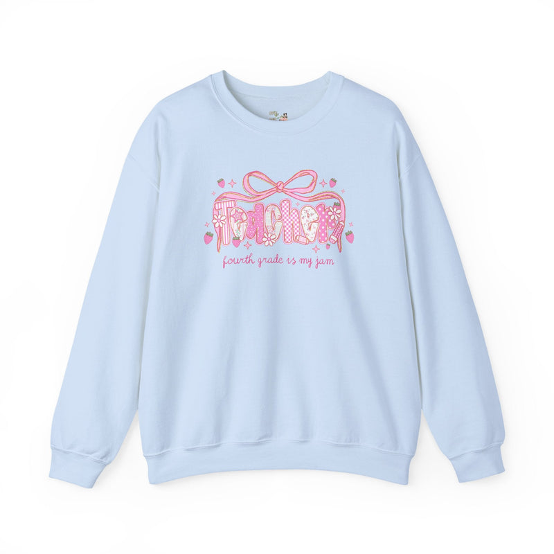 Fourth Grade Teacher Sweatshirt for Fourth Grade Squad or Crew, Floral Boho Strawberry Crewneck with Messy Coquette Bow, Fruit Lover Teacher - Opal and June