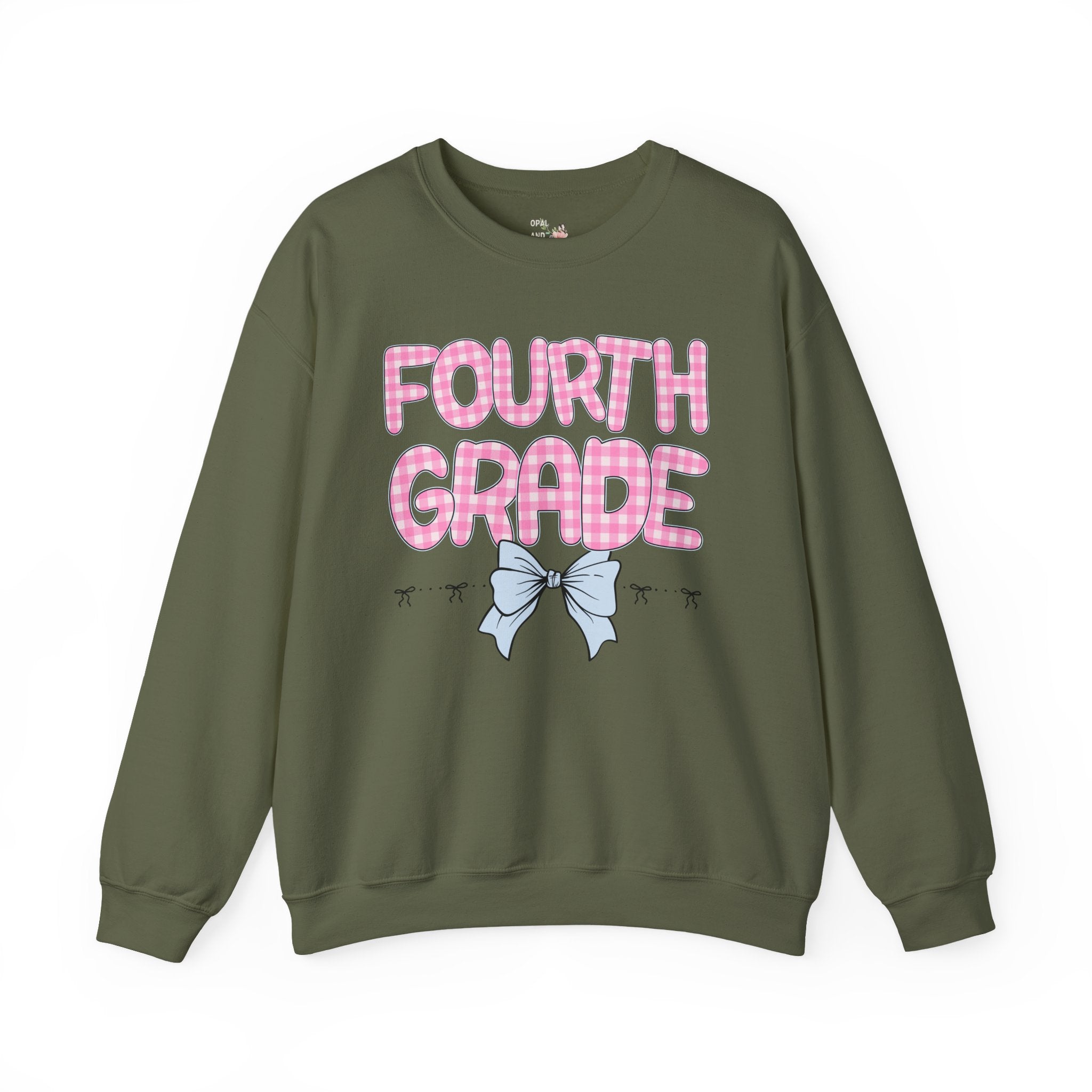 Fourth Grade Teacher Sweatshirt, Pink Gingham Letters, First Day of School, Back to School Matching Teacher Shirt with Bow, Soft Girl Style - Opal and June