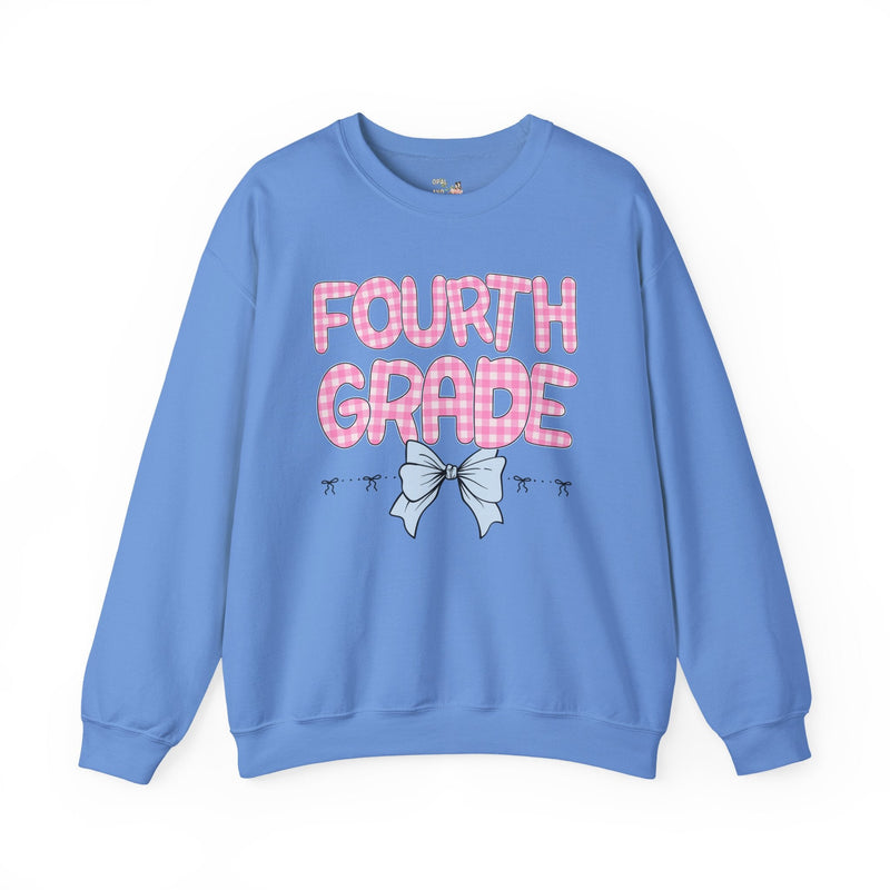 Fourth Grade Teacher Sweatshirt, Pink Gingham Letters, First Day of School, Back to School Matching Teacher Shirt with Bow, Soft Girl Style - Opal and June