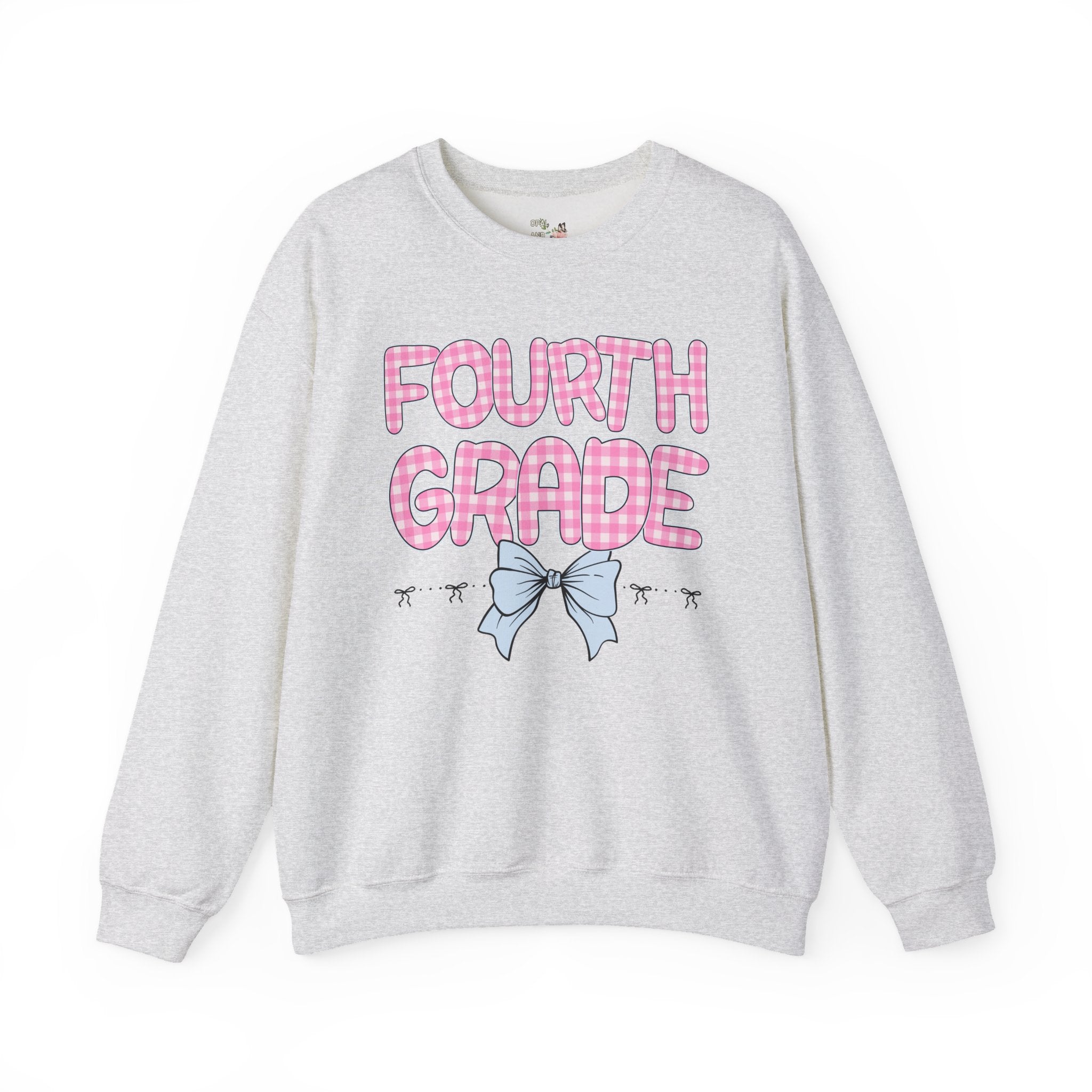 Fourth Grade Teacher Sweatshirt, Pink Gingham Letters, First Day of School, Back to School Matching Teacher Shirt with Bow, Soft Girl Style - Opal and June