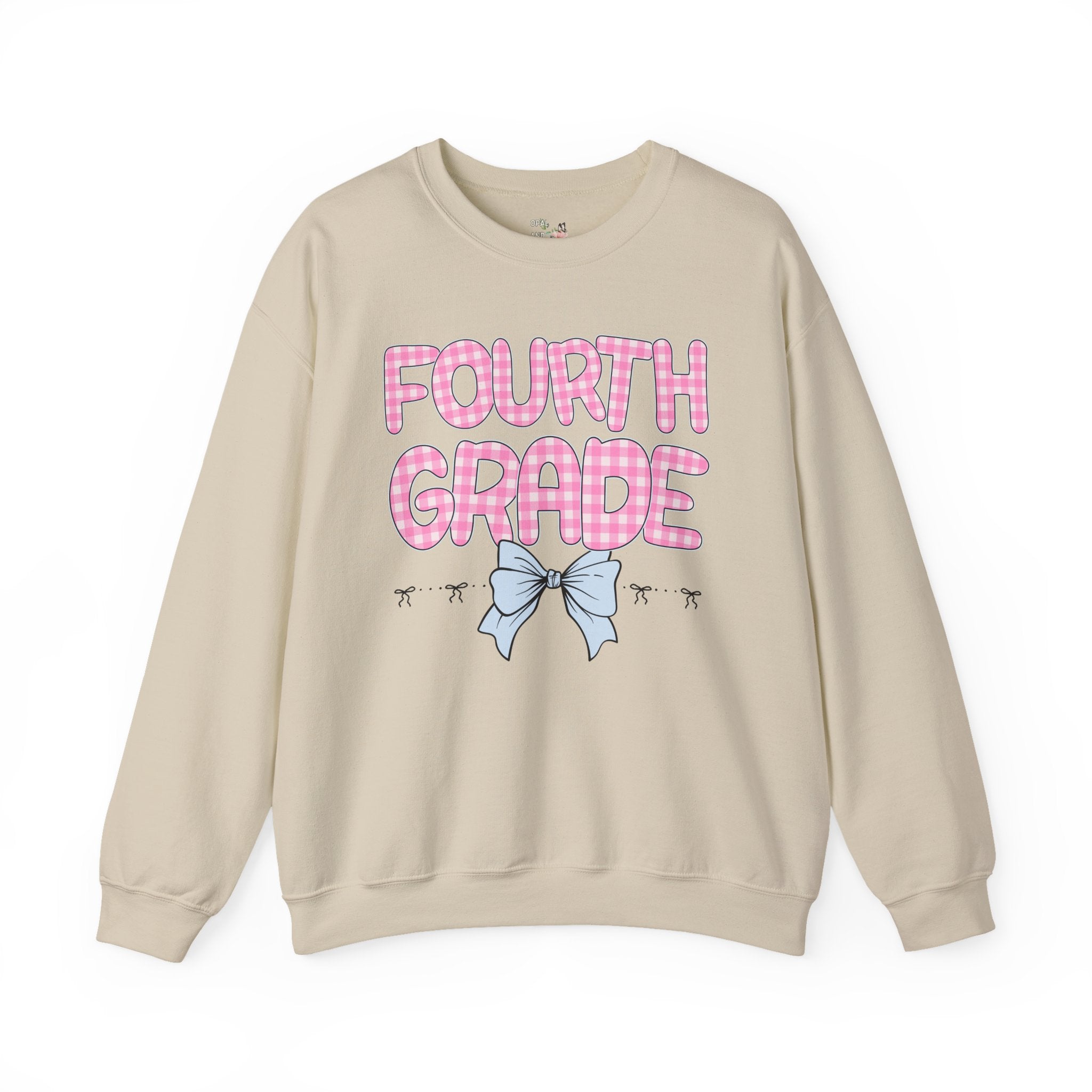 Fourth Grade Teacher Sweatshirt, Pink Gingham Letters, First Day of School, Back to School Matching Teacher Shirt with Bow, Soft Girl Style - Opal and June
