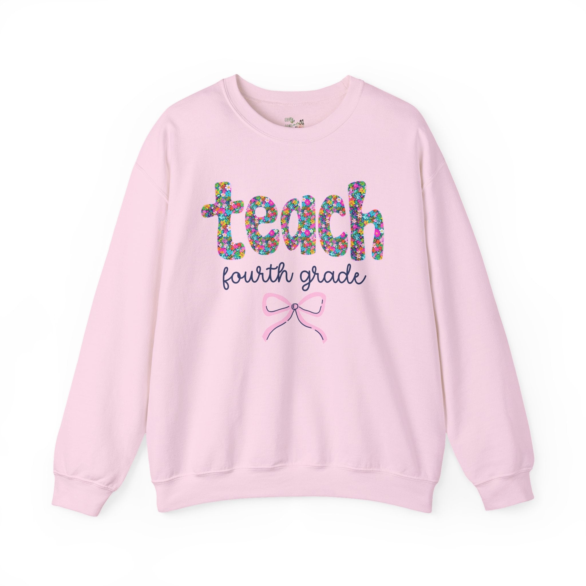 Fourth Grade Teacher Sweatshirt with Colorful Flowers and Bow, Teacher Team Shirt for Back to School, New Teacher Gift, Teacher Appreciation - Opal and June