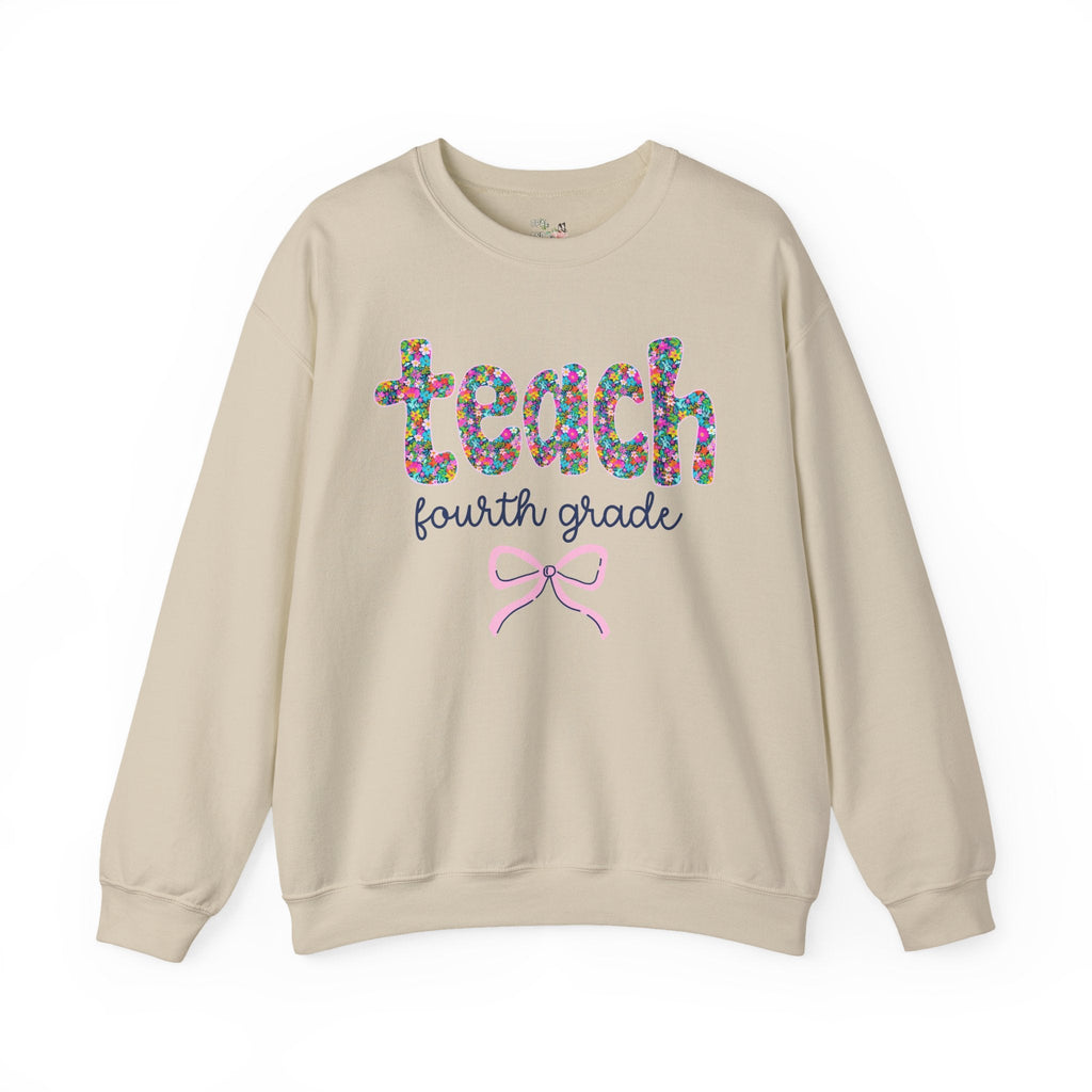 Fourth Grade Teacher Sweatshirt with Colorful Flowers and Bow, Teacher Team Shirt for Back to School, New Teacher Gift, Teacher Appreciation - Opal and June