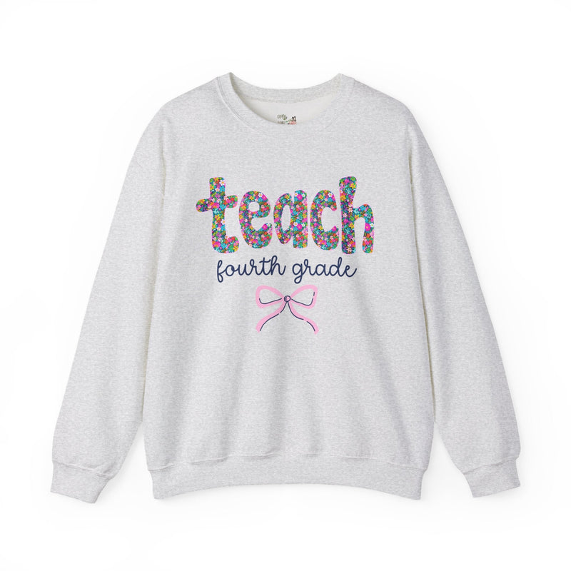 Fourth Grade Teacher Sweatshirt with Colorful Flowers and Bow, Teacher Team Shirt for Back to School, New Teacher Gift, Teacher Appreciation - Opal and June