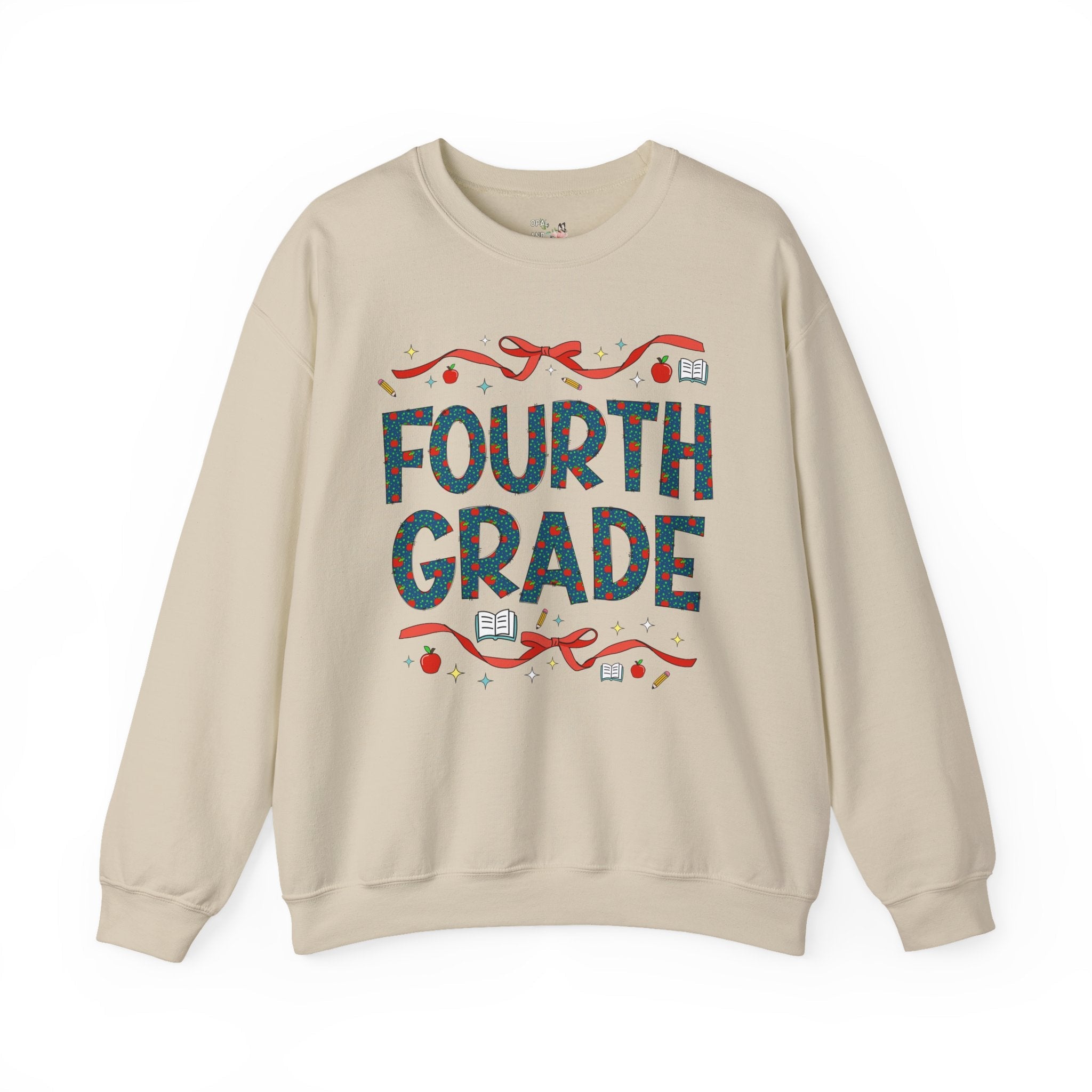 Fourth Grade Teacher Sweatshirt with Cute Bows and Retro Apples, Teacher Team Crewneck for Back to School, First Day of School Matching Tee - Opal and June