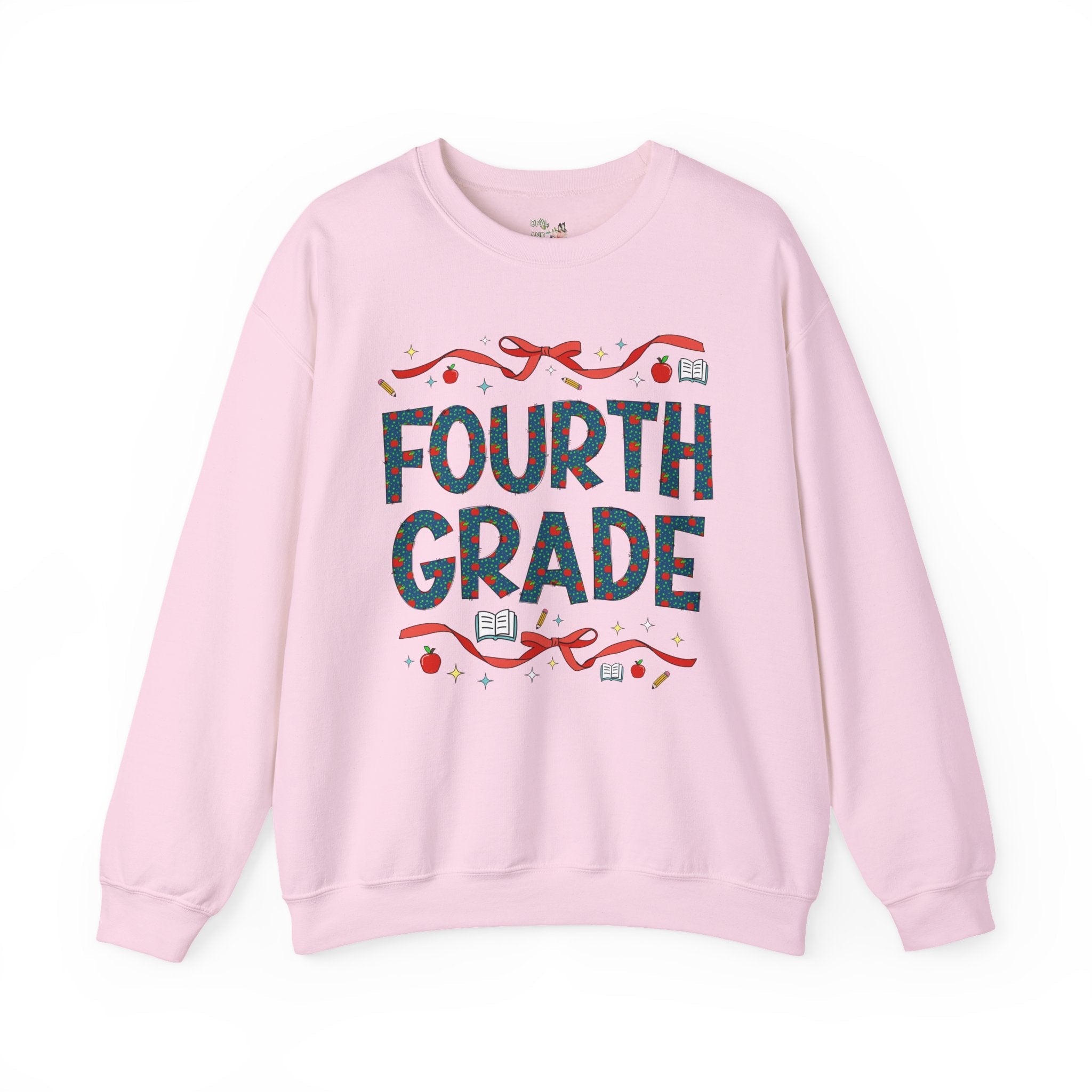 Fourth Grade Teacher Sweatshirt with Cute Bows and Retro Apples, Teacher Team Crewneck for Back to School, First Day of School Matching Tee - Opal and June