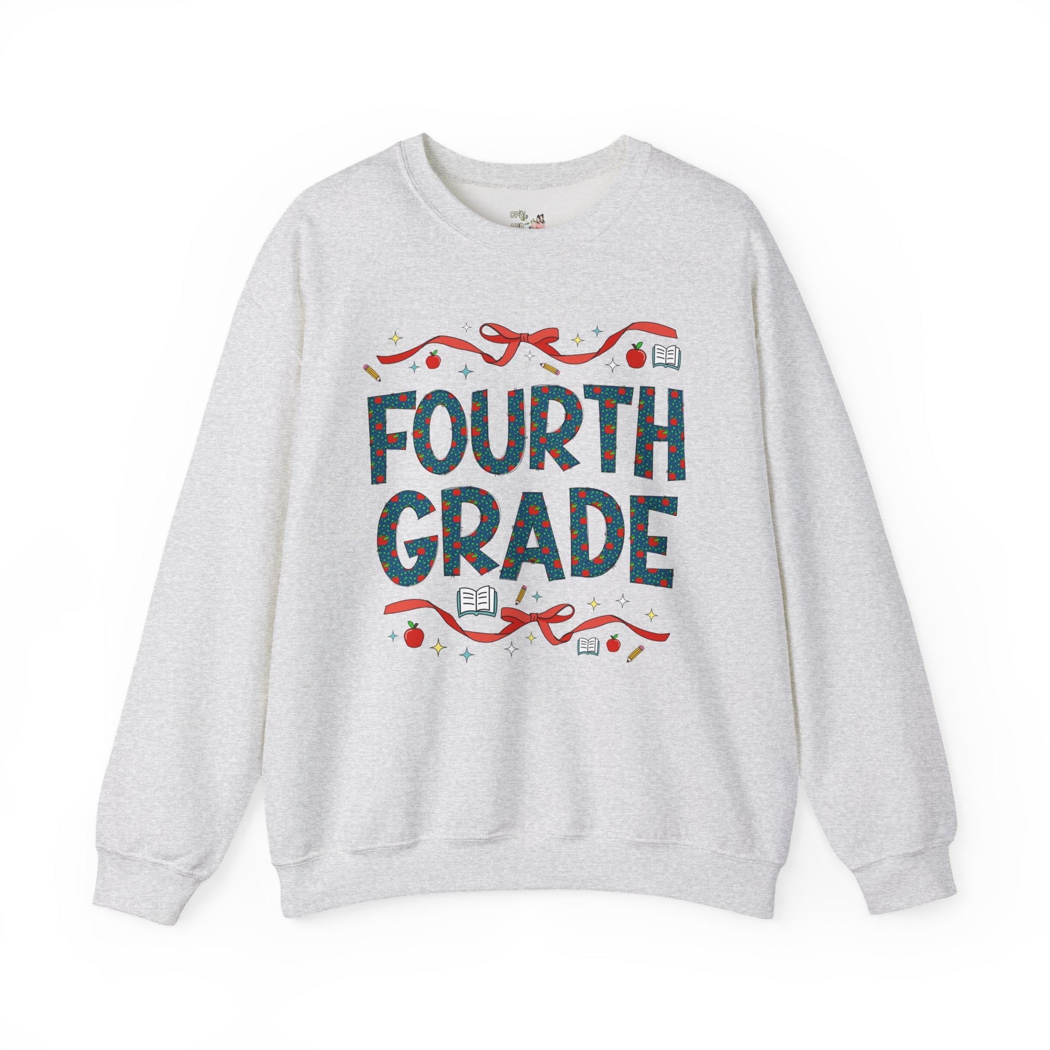 Fourth Grade Teacher Sweatshirt with Cute Bows and Retro Apples, Teacher Team Crewneck for Back to School, First Day of School Matching Tee - Opal and June