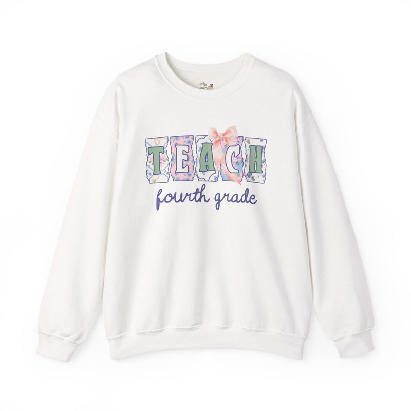 Fourth Grade Teacher Sweatshirt with Flowers, Soft Girl Style Letters: Teach Fourth Grade, 90s Scrapbook Vibe, Matching Fourth Grade Crew - Opal and June