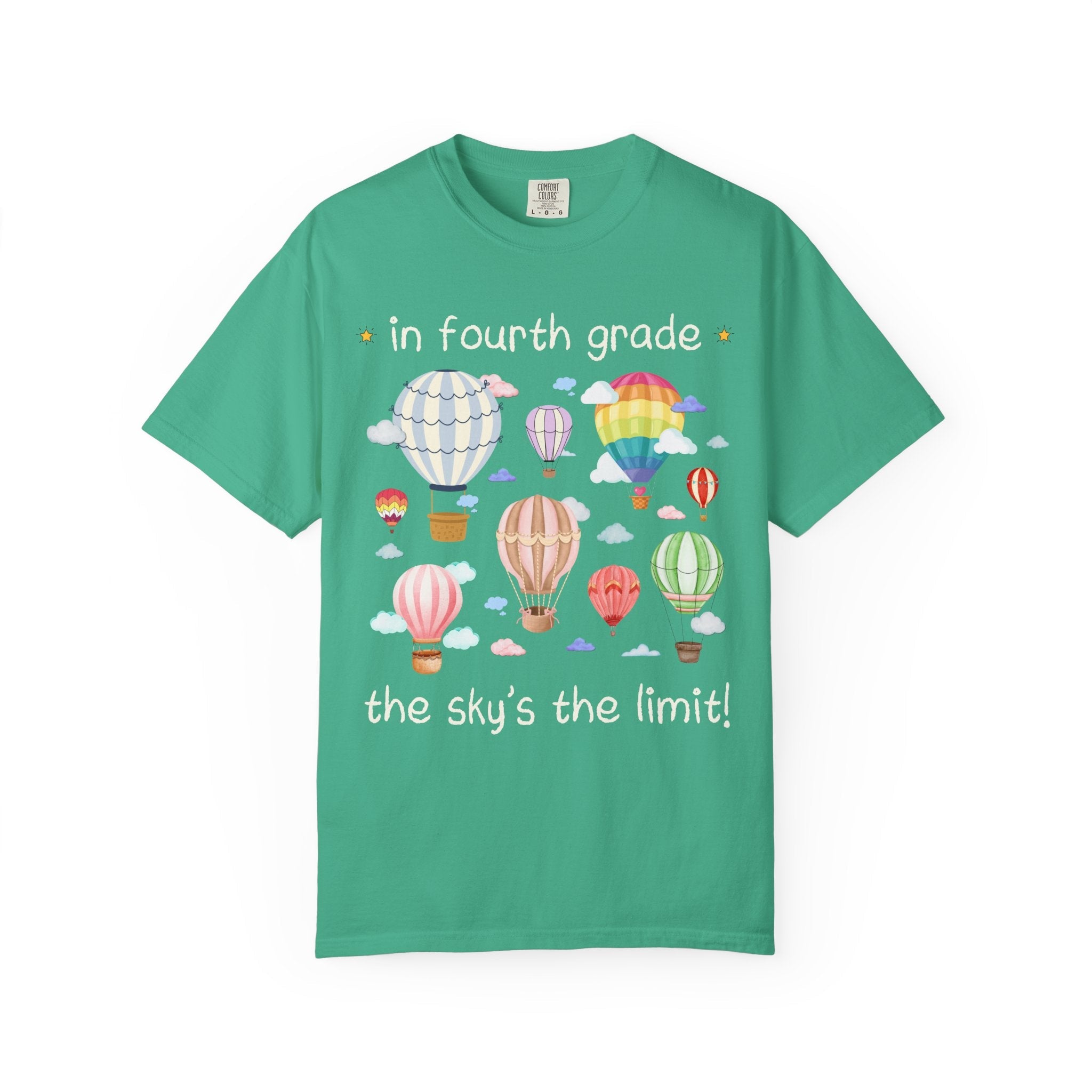 Fourth Grade Teacher T-Shirt with Cute Retro Hot Air Balloons, Uplifting Colorful Maximalist Back to School Matching Teacher Tee with Clouds - Opal and June