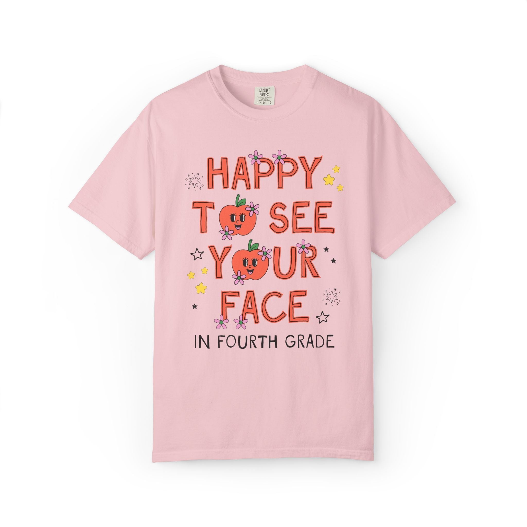 Fourth Grade Teacher Team Tee Shirt: Happy to See Your Face | Cute Back to School T-Shirt with Retro Apples and Flowers, First Day of School - Opal and June
